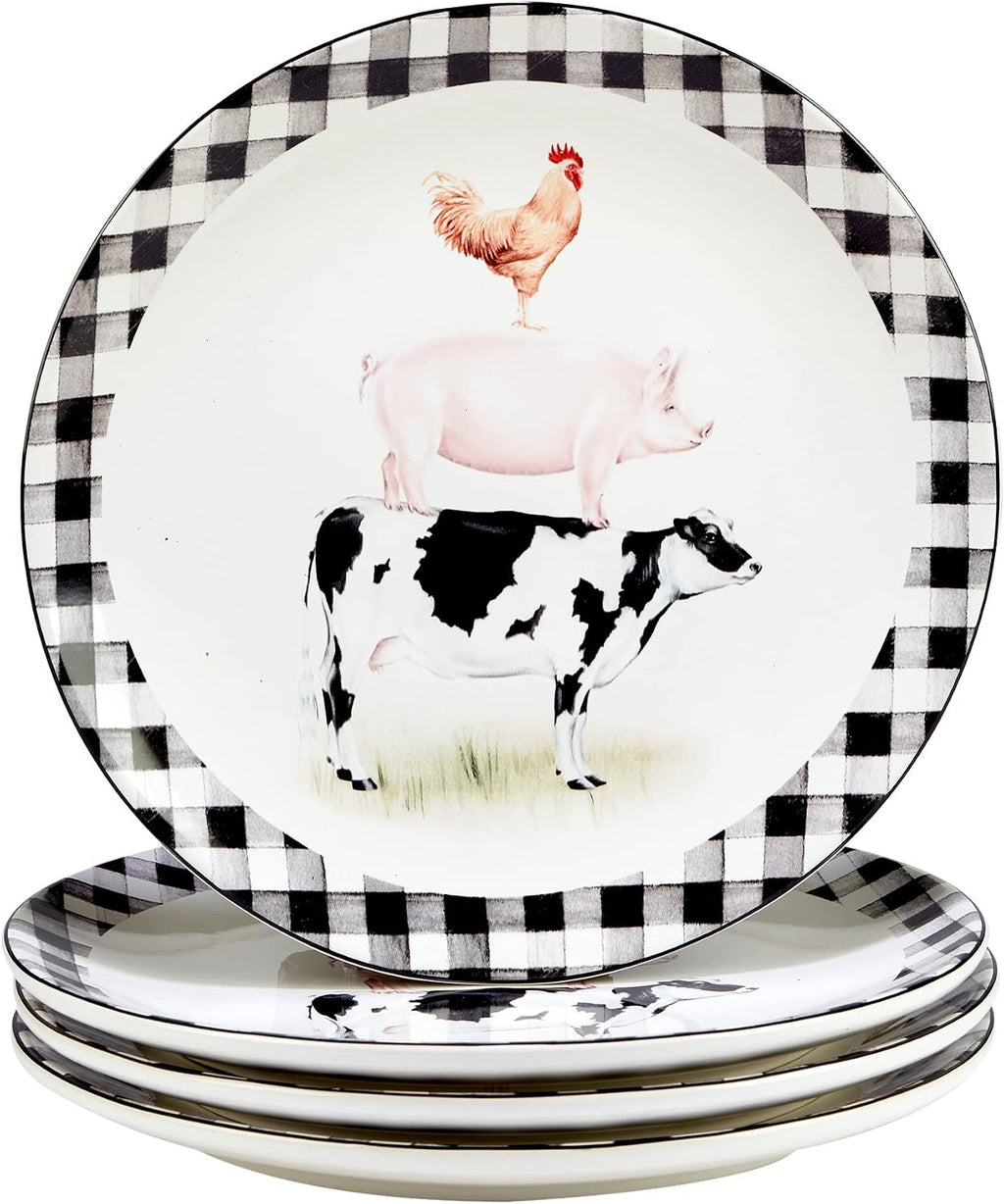 On the Farm 16-Piece Dinnerware Set – Country Farmhouse Plates, Bowls & Mugs for 4 – Ceramic Dinnerware Featuring Cow, Pig, Rooster, Duck & Gingham Design – Rustic Kitchen Tableware