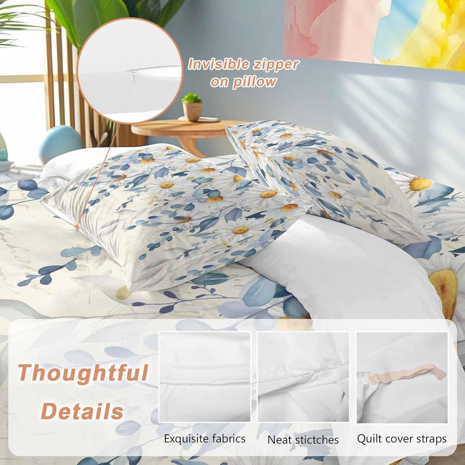 Spring Eucalyptus Leaves Duvet Cover Set Queen Size 4 Pieces Country Vintage Blue Leaf White Daisy Bedding Set with Zipper Closure, 1 Comforter Cover 86x86 Inches 1 Flat Sheet & 2 Pillow Cases