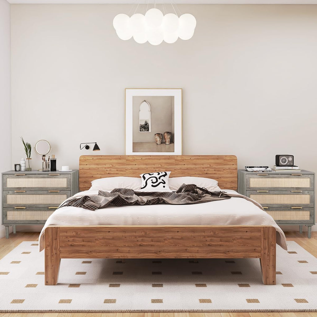 HOPUBUY Large Nightstand Set of 2 with Rattan Drawer, Modern 3 Drawer Night Stand for Bedroom, Wooden Bedside Table for Queen Size and King Size Bed,Grey