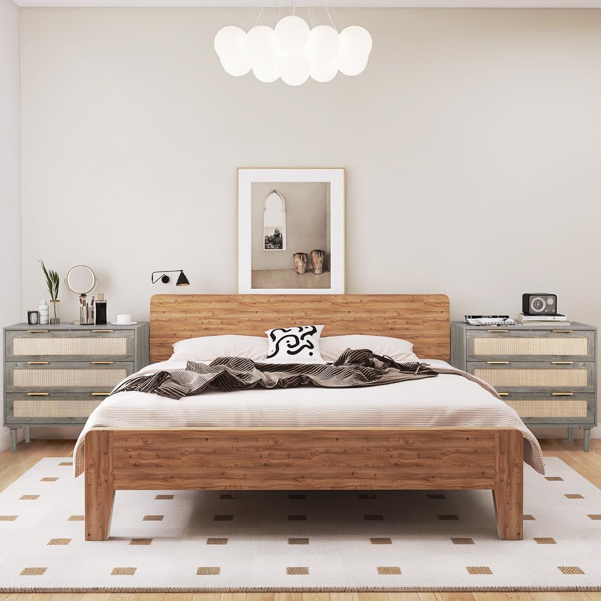 HOPUBUY Large Nightstand Set of 2 with Rattan Drawer, Modern 3 Drawer Night Stand for Bedroom, Wooden Bedside Table for Queen Size and King Size Bed,Grey