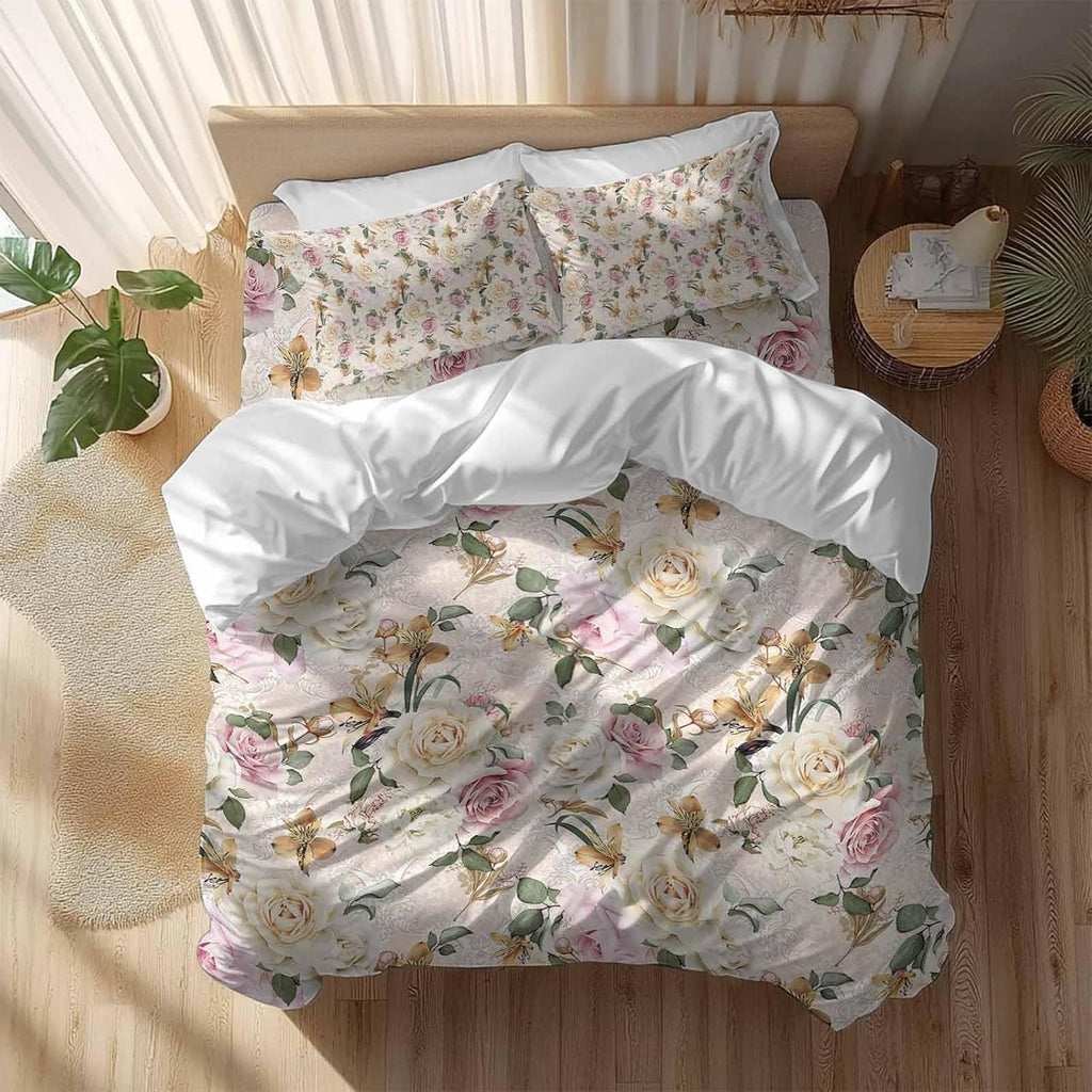 Prime Leader Floral Spring Duvet Cover Set Queen Size 4 Pieces Flower Retro Texture Bedding Set with Zipper Closure, 1 Comforter Cover 86x86 Inches 1 Flat Sheet & 2 Pillow Cases