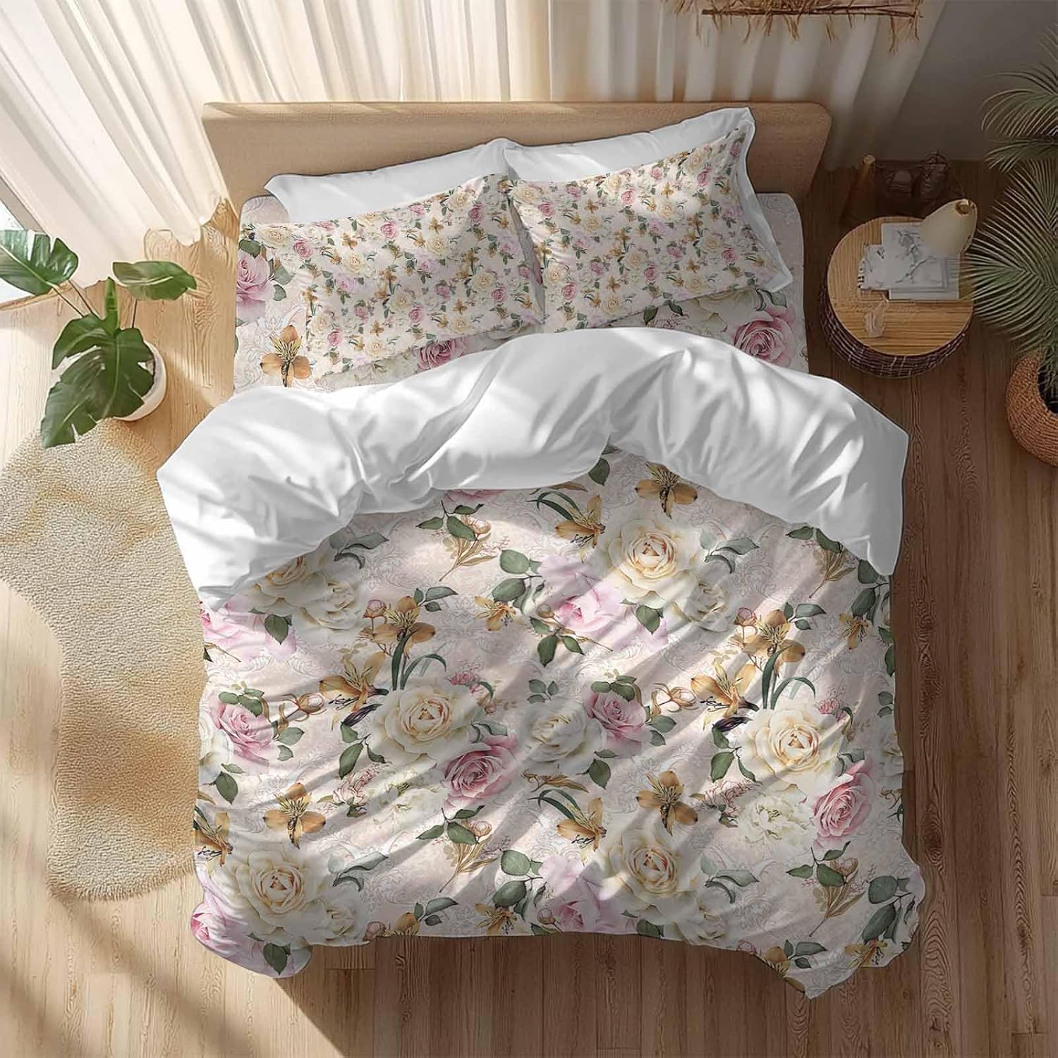 Prime Leader Floral Spring Duvet Cover Set Queen Size 4 Pieces Flower Retro Texture Bedding Set with Zipper Closure, 1 Comforter Cover 86x86 Inches 1 Flat Sheet & 2 Pillow Cases