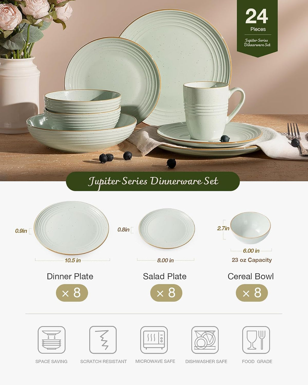 Famiware Jupiter 24-Piece Stoneware Dinnerware Set, Handcrafted Plates and Bowls with Speckles & Embossed Swirls, Chip/Scratch Resistant, Microwave/Dishwasher Safe, Rustic Dishes, Service for 8, Green