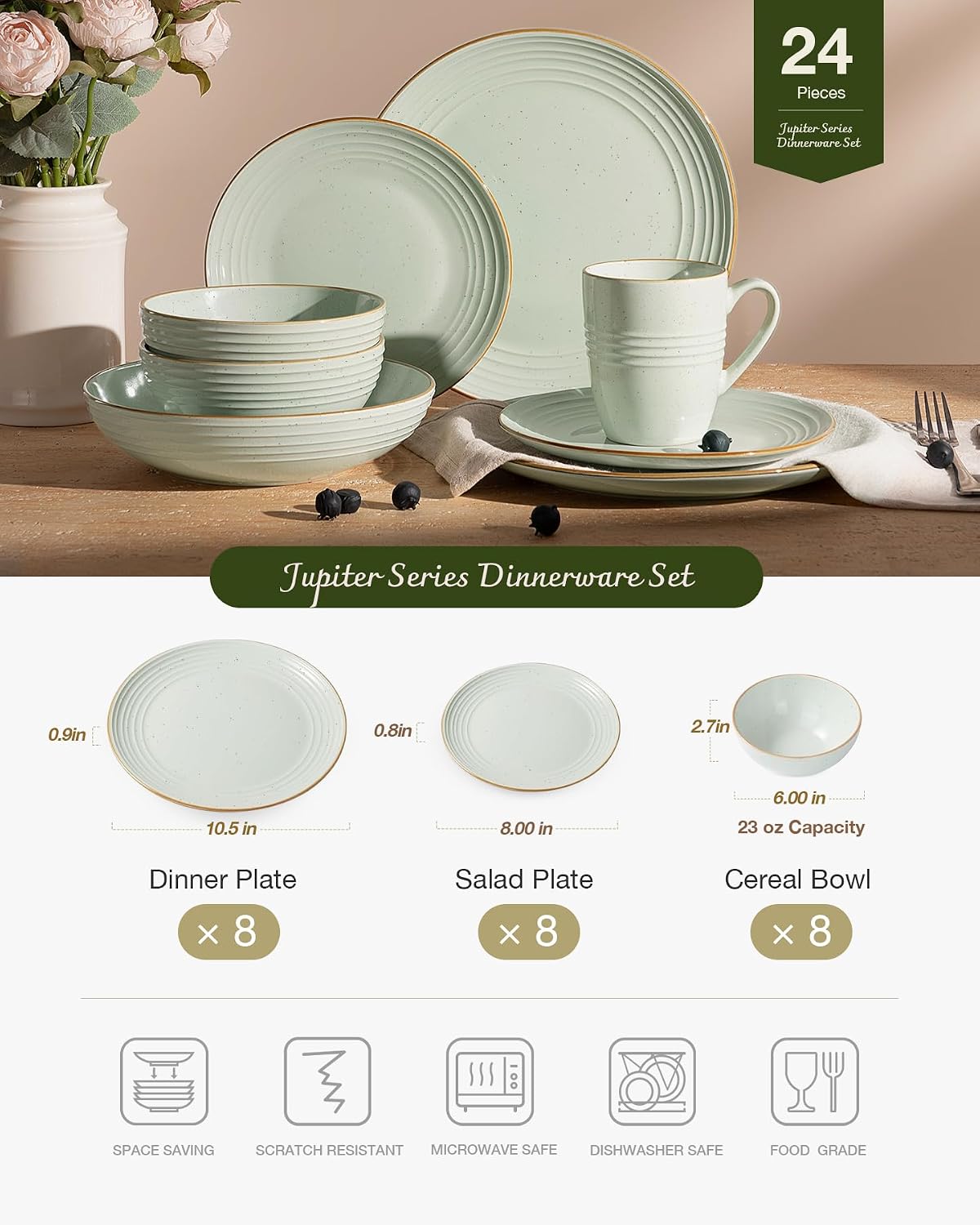 Famiware Jupiter 24-Piece Stoneware Dinnerware Set, Handcrafted Plates and Bowls with Speckles & Embossed Swirls, Chip/Scratch Resistant, Microwave/Dishwasher Safe, Rustic Dishes, Service for 8, Green
