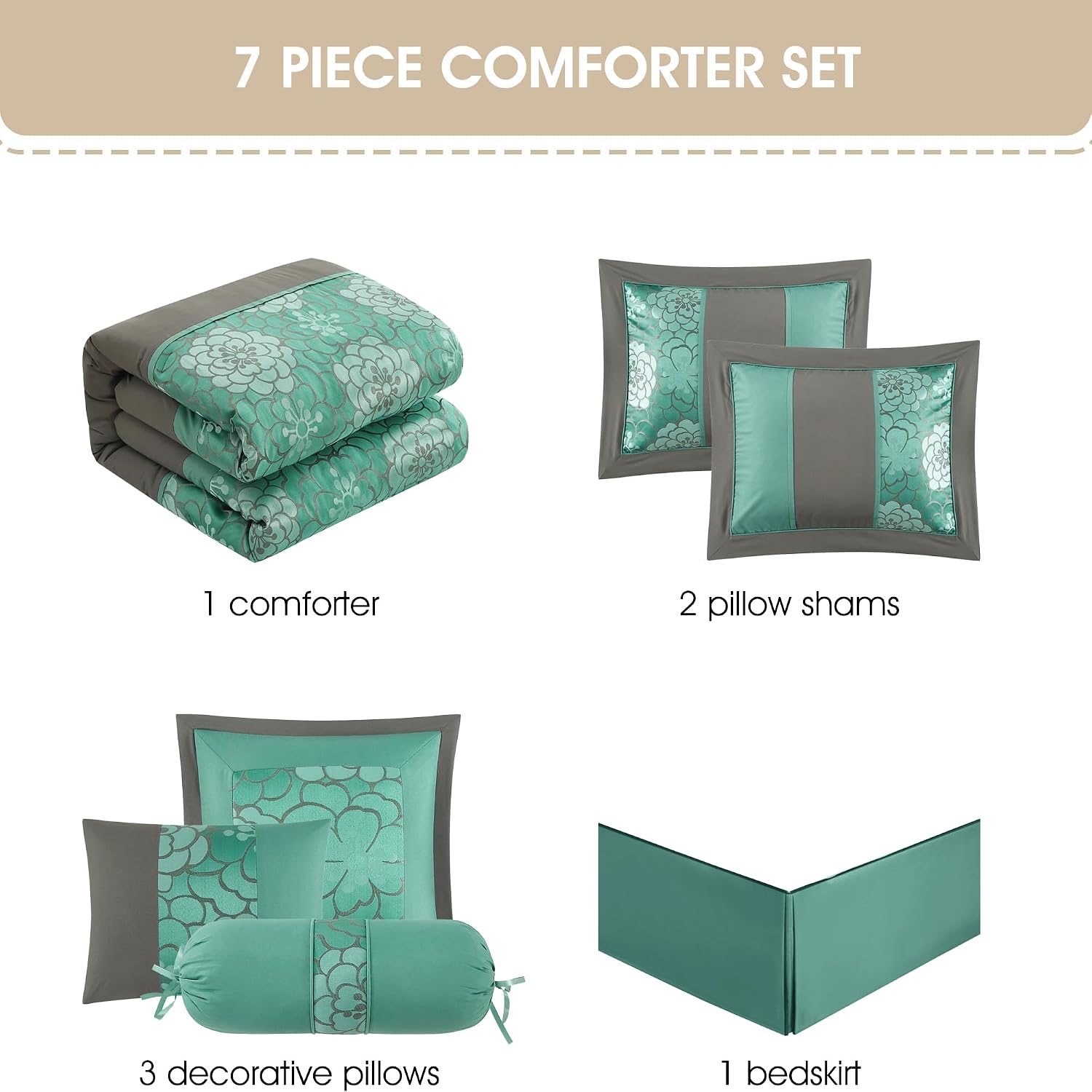 Grand Avenue Aqua Grey Comforter Set Queen Size, 7 Piece Jacquard Soft Bedding Set, All Season, Bedskirt, Pillows & Shams