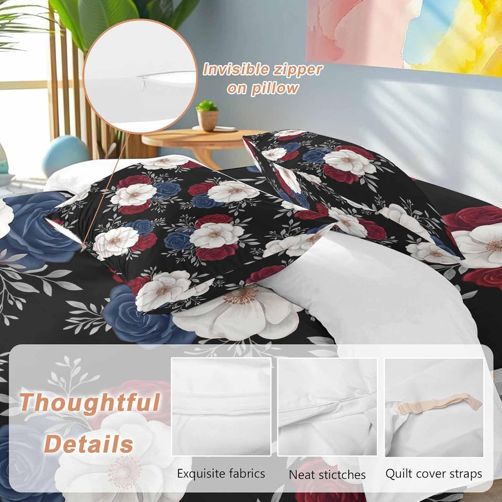Prime Leader Independence Day Duvet Cover Set Queen Size 4 Pieces Red Blue White Roses Floral Leaf Black Bedding Set with Zipper Closure, 1 Comforter Cover 90x92 Inches 1 Flat Sheet & 2 Pillow Cases
