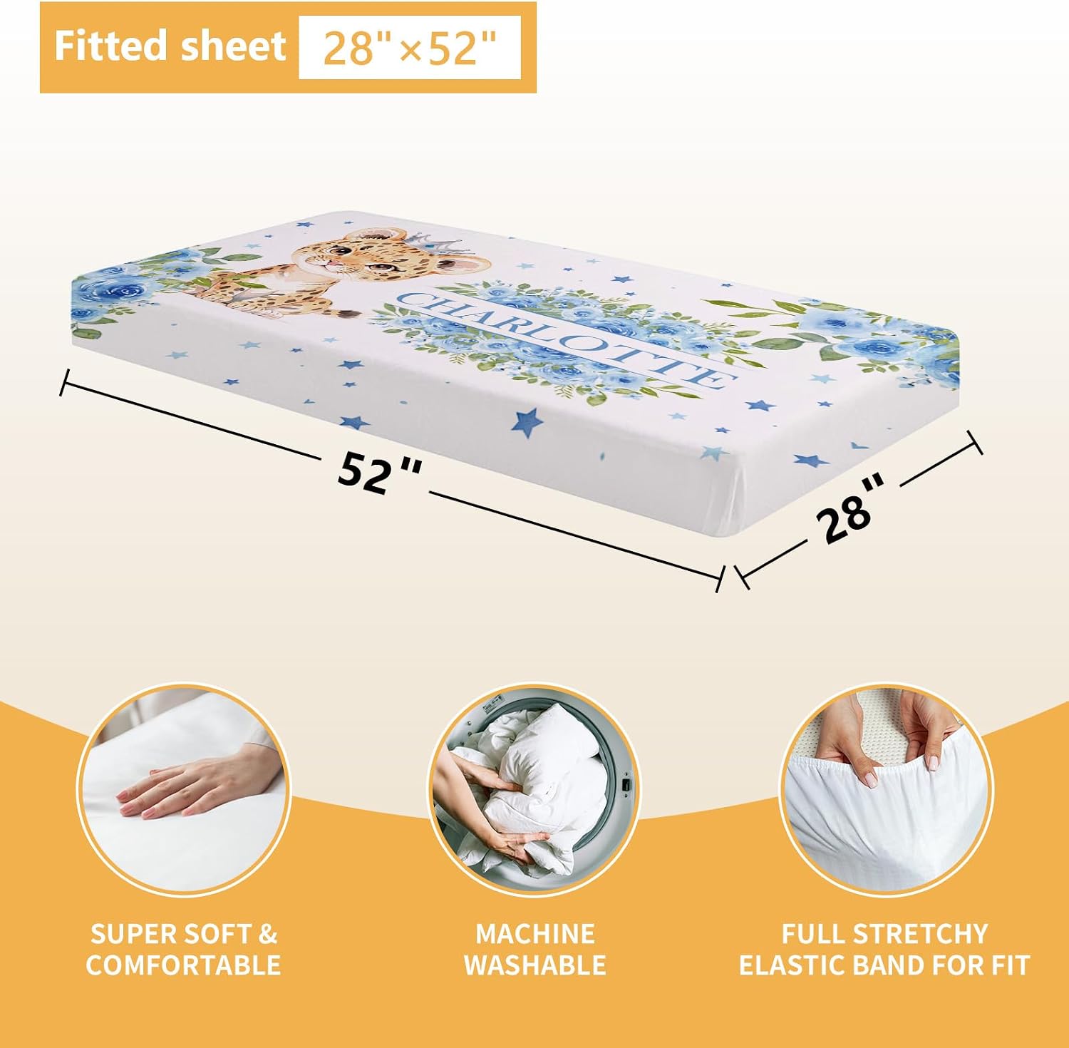 Terwex Personalized Crib Bedding Set, 5 Pcs Custom Nursery Bedding Sets with Name, Infant Bedding Set for Baby Boy Girl, Blue Leopard Double Layer Baby Crib Set, Babies Toddlers Kids Customized Gifts