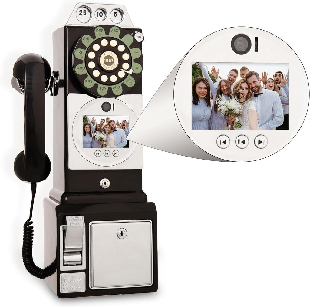 Video Audio Guest Book Wedding Phone, 1080P Video Guestbook Wedding Phone, Antique Telephone Ornament with Lens Recording for Variety of Memorable Party Occasions,Black-64G