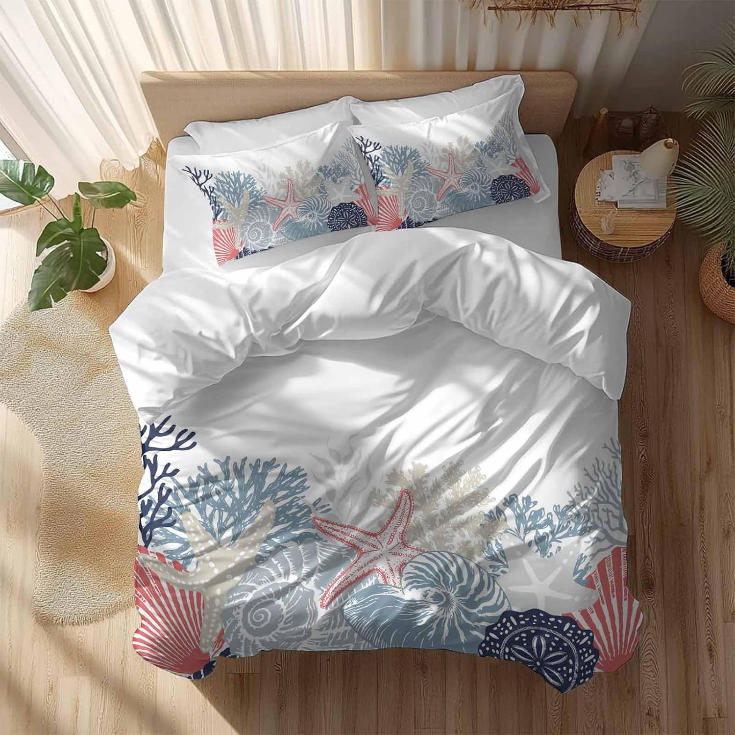 Summer Marine Life Duvet Cover Set Queen Size 4 Pieces Ocean Coral Coastal Starfish Blue Conch Bedding Set with Zipper Closure, 1 Comforter Cover 86x86 Inches 1 Flat Sheet & 2 Pillow Cases
