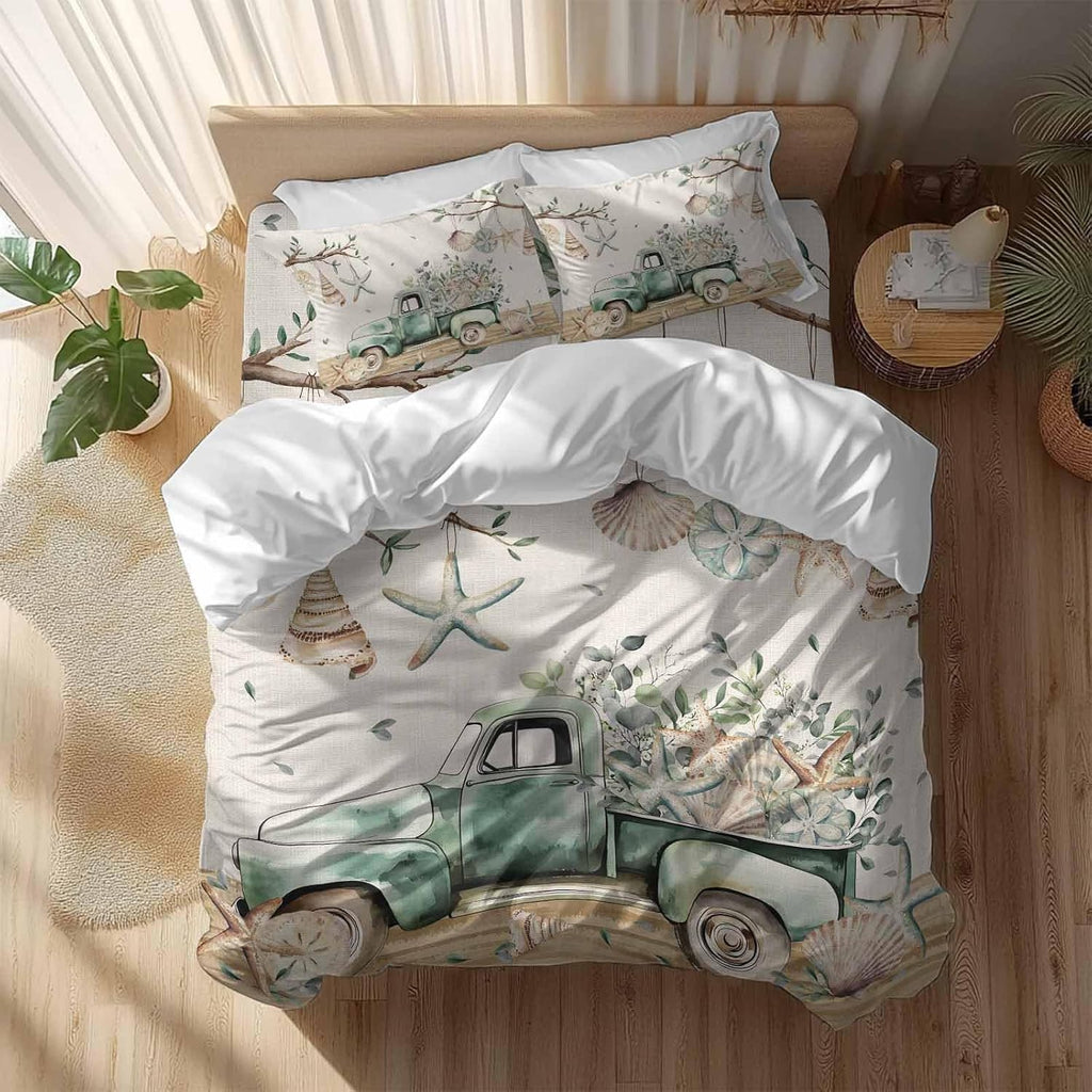 Prime Leader Sage Green Truck Duvet Cover Set Queen Size 4 Pieces Ocean Starfish Shell Summer Leaf Wood Bedding Set with Zipper Closure, 1 Comforter Cover 90x92 Inches 1 Flat Sheet & 2 Pillow Cases