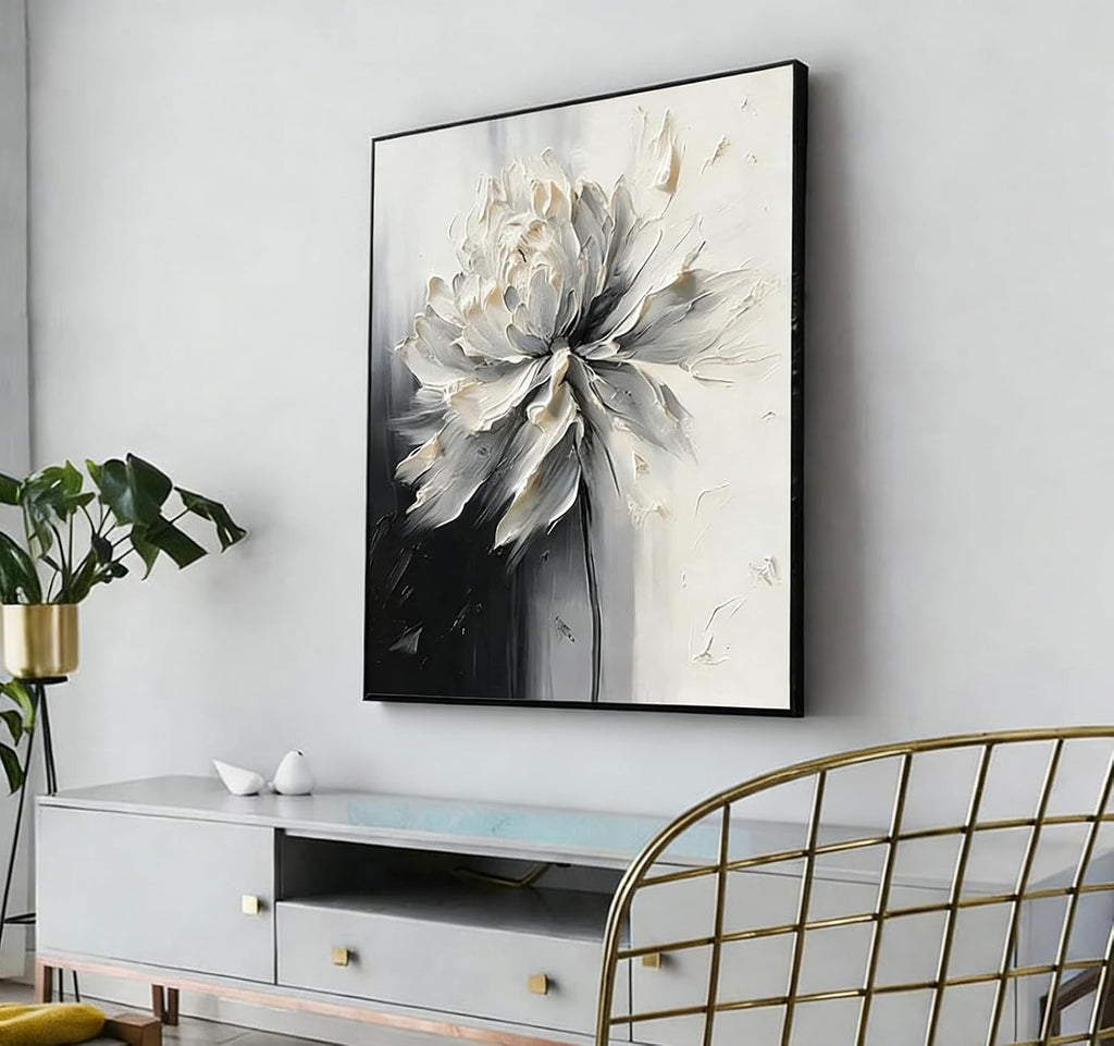 Hand Painted White And Black Flower Canvas Wall Art for Living Room,Large Framed Floral Oil Painting for Bedroom, Modern 3D Floral Artwork Wall Decor for Office Home Decor 28' x 40'