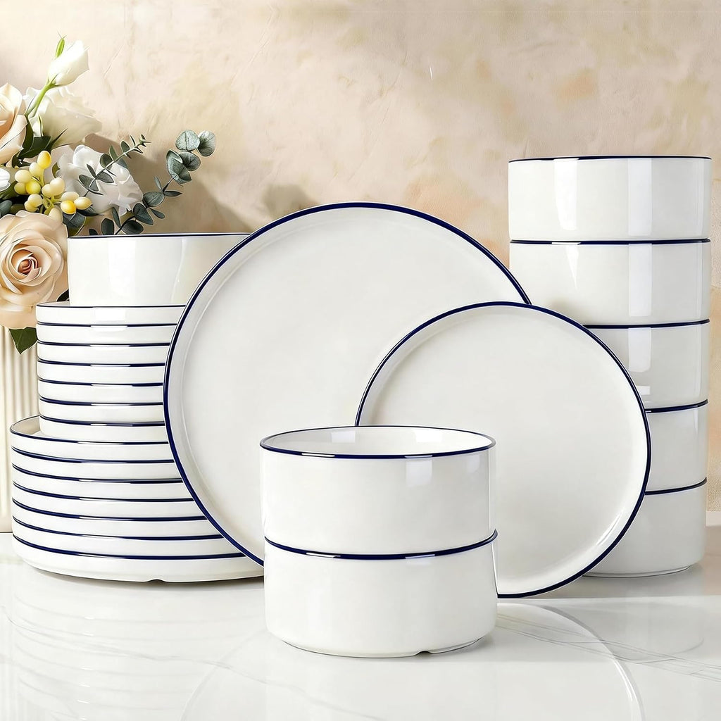 Famiware Porcelain Dinnerware Set, 24-Piece Modern Plate and Bowl Set, dish set for 8, Microwave and Dishwasher Safe Tableware, White with Blue Trim