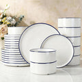 Famiware Porcelain Dinnerware Set, 24-Piece Modern Plate and Bowl Set, dish set for 8, Microwave and Dishwasher Safe Tableware, White with Blue Trim