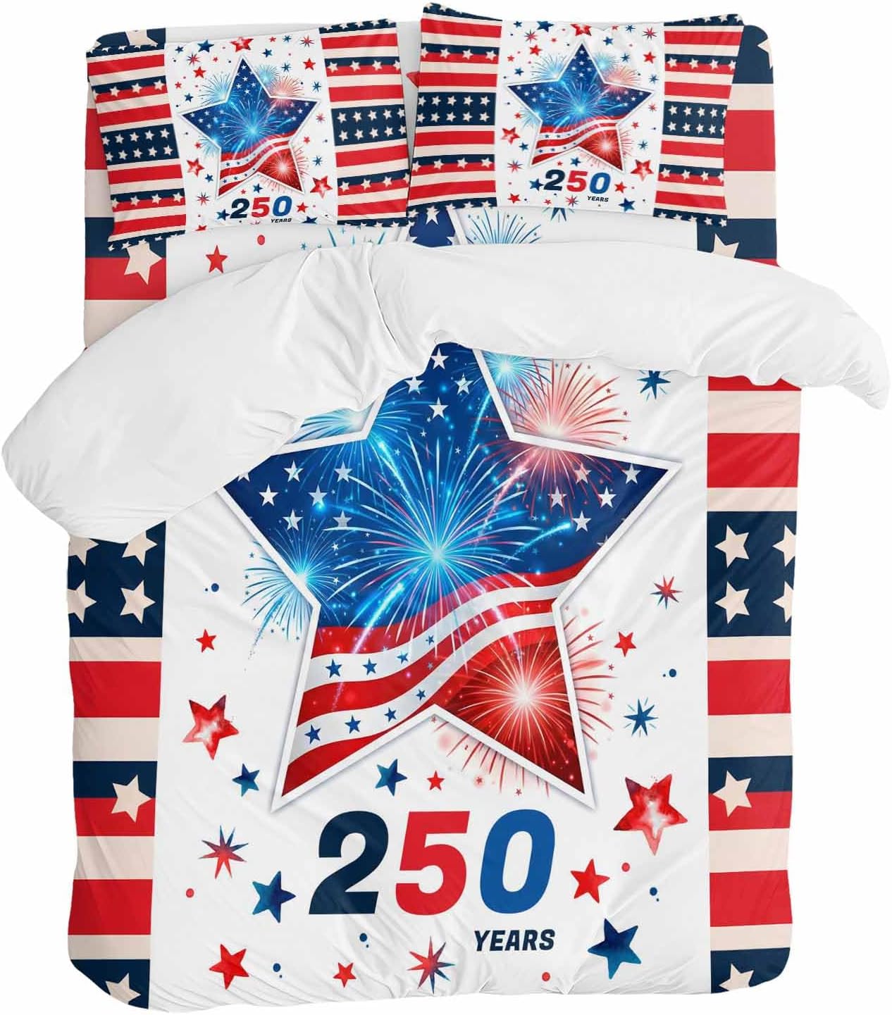 Independence Day Duvet Cover Set Queen Size 4 Pieces 250th Years US Flag Red Blue Star Fireworks Bedding Set with Zipper Closure, 1 Comforter Cover 90x92 Inches 1 Flat Sheet & 2 Pillow Cases