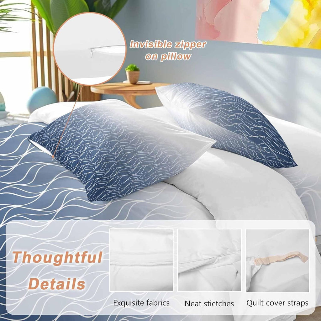 Prime Leader Gradient Navy Blue Duvet Cover Set Queen Size 4 Pieces Abstract Morocco Blue Curved Lines Bedding Set with Zipper Closure, 1 Comforter Cover 90x92 Inches 1 Flat Sheet & 2 Pillow Cases