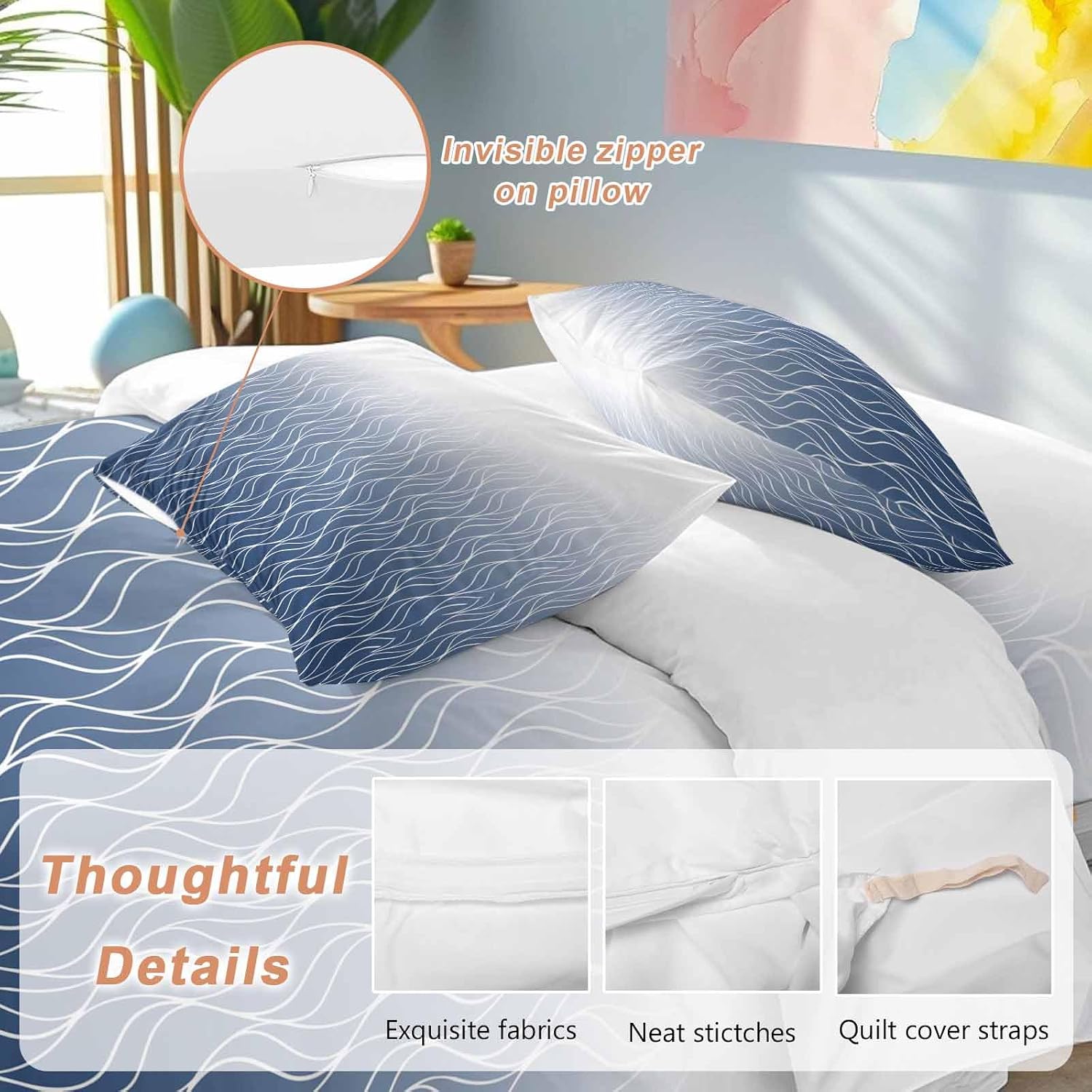 Prime Leader Gradient Navy Blue Duvet Cover Set Queen Size 4 Pieces Abstract Morocco Blue Curved Lines Bedding Set with Zipper Closure, 1 Comforter Cover 90x92 Inches 1 Flat Sheet & 2 Pillow Cases