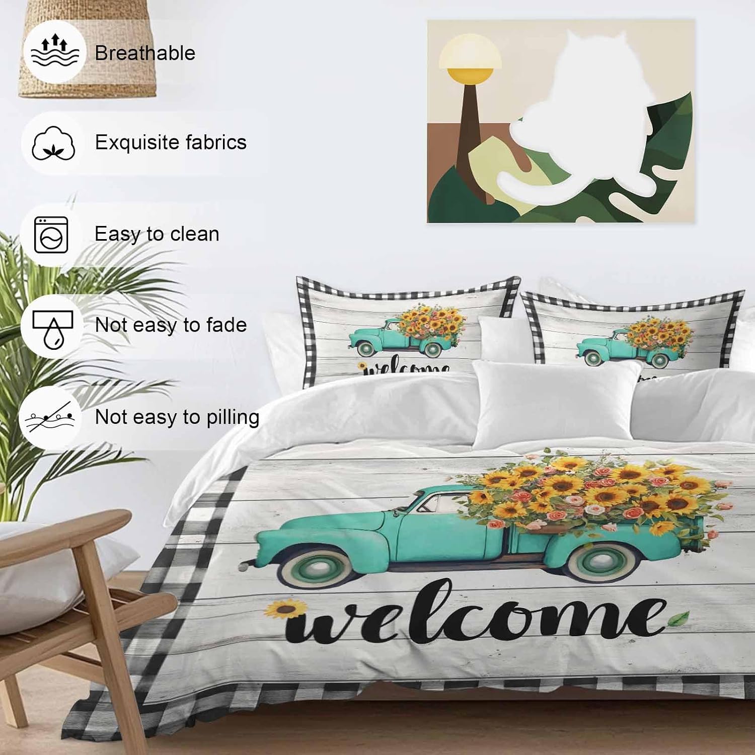 Welcome Duvet Cover Set Queen Size 4 Pieces Summer Flowers Truck Wood Grain Black White Lattice Frame Bedding Set with Zipper Closure, 1 Comforter Cover 90x92 Inches 1 Flat Sheet & 2 Pillow Cases