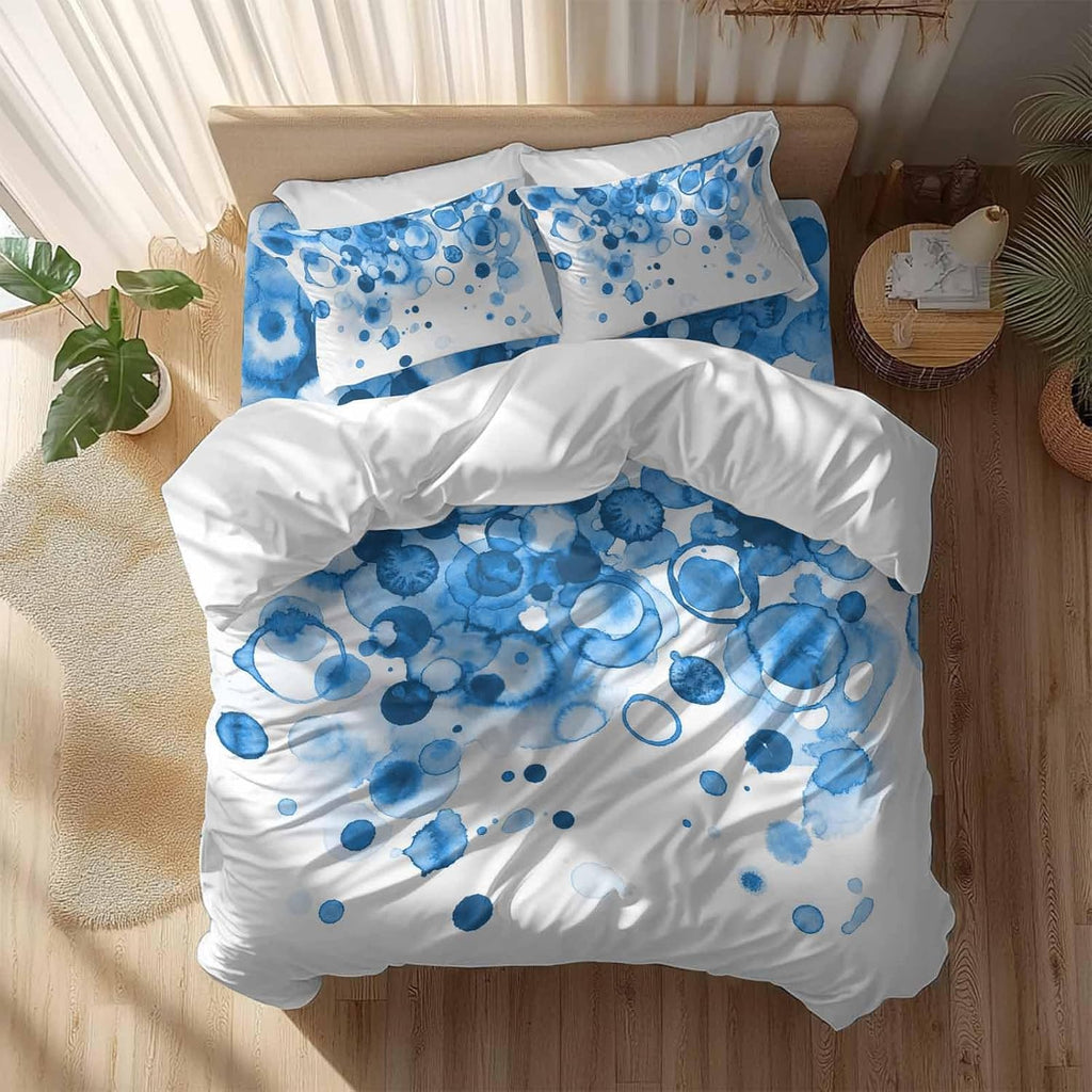 Abstract Duvet Cover Set Queen Size 4 Pieces Blue Gradient Watercolors Ink Points Minimalist Style Bedding Set with Zipper Closure, 1 Comforter Cover 86x86 Inches 1 Flat Sheet & 2 Pillow Cases