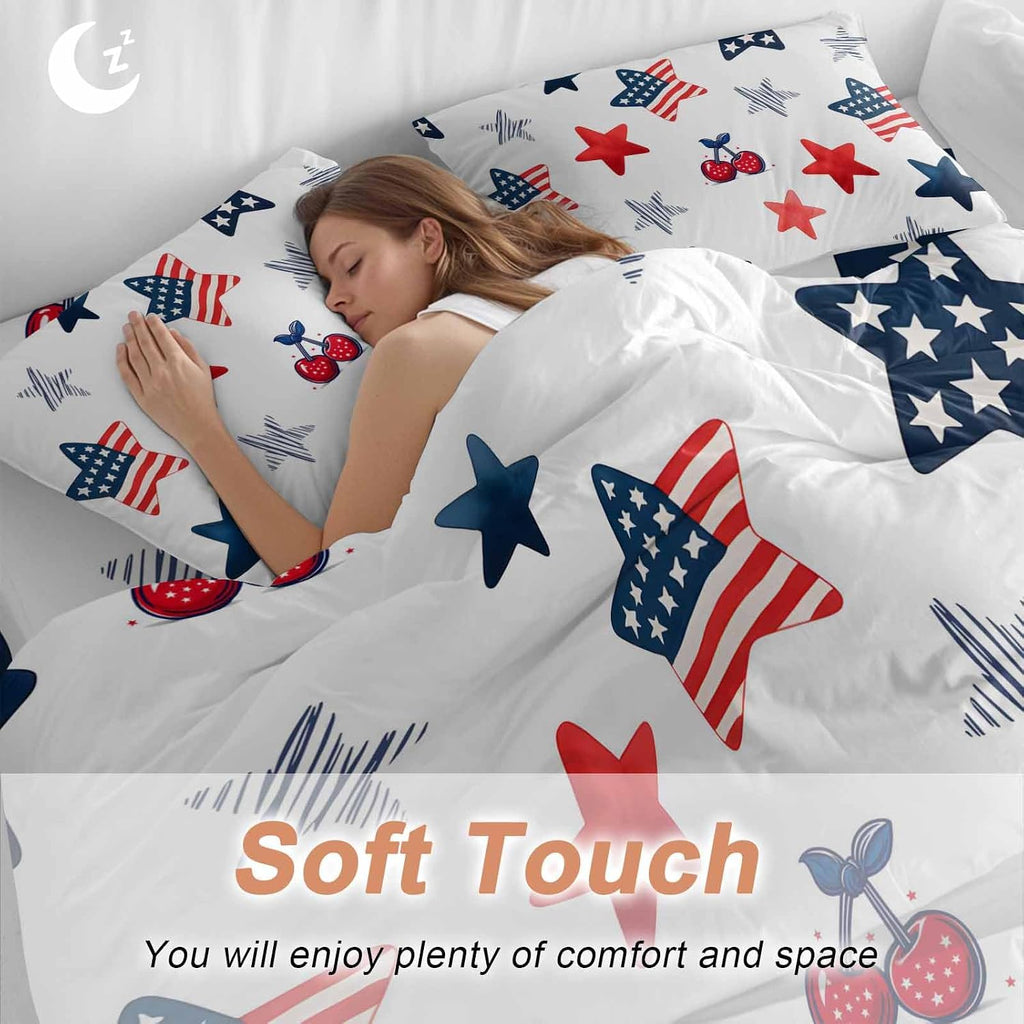 Independence Day Duvet Cover Set Queen Size 4 Pieces Graffiti Five-Pointed Star Cartoon Polka Dot Cherry Bedding Set with Zipper Closure, 1 Comforter Cover 90x92 Inches 1 Flat Sheet & 2 Pillow Cases