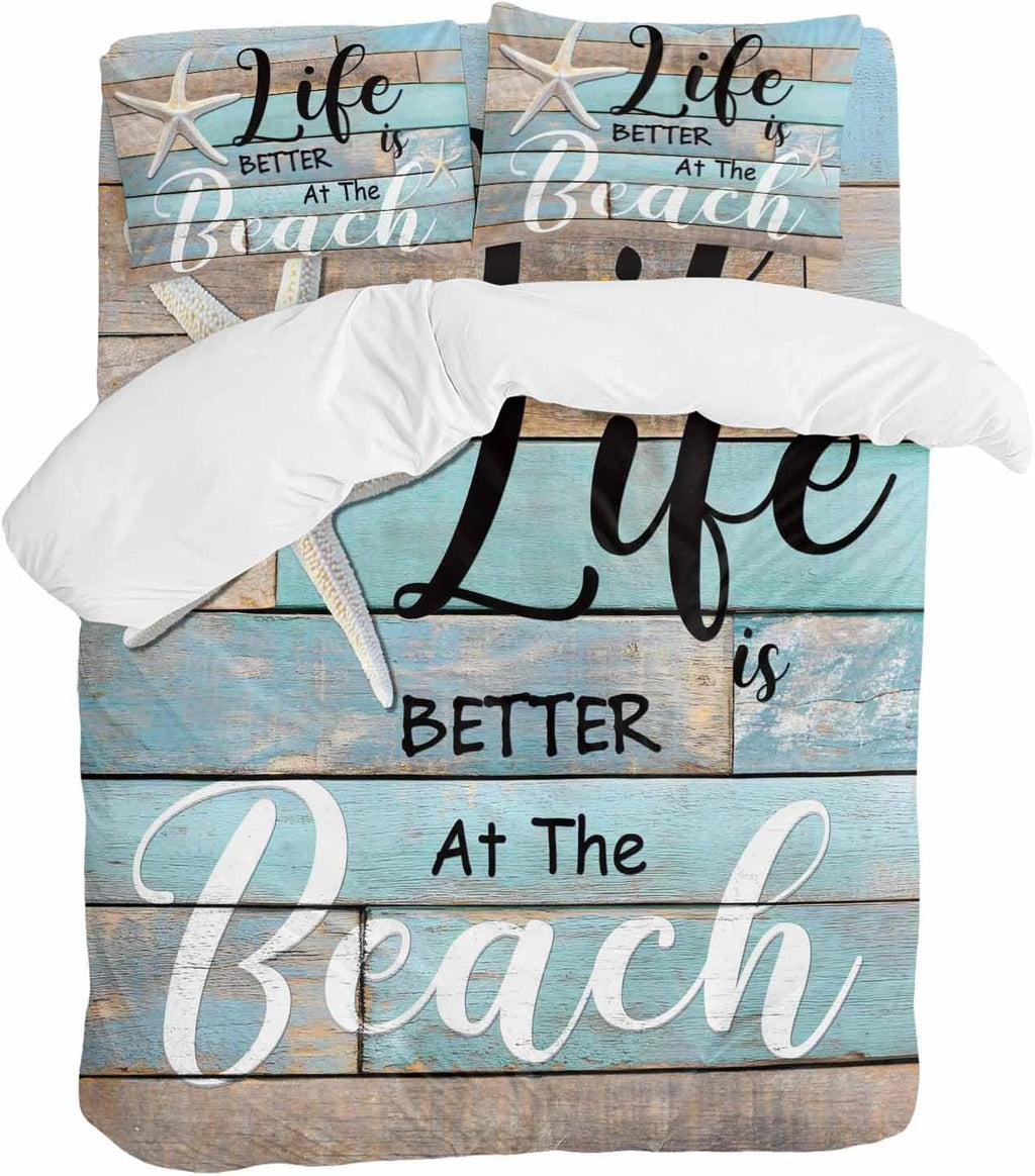 Life Is Duvet Cover Set Queen Size 4 Pieces Better at The Beach Summer Starfish Teal Wood Grain Bedding Set with Zipper Closure, 1 Comforter Cover 90x92 Inches 1 Flat Sheet & 2 Pillow Cases