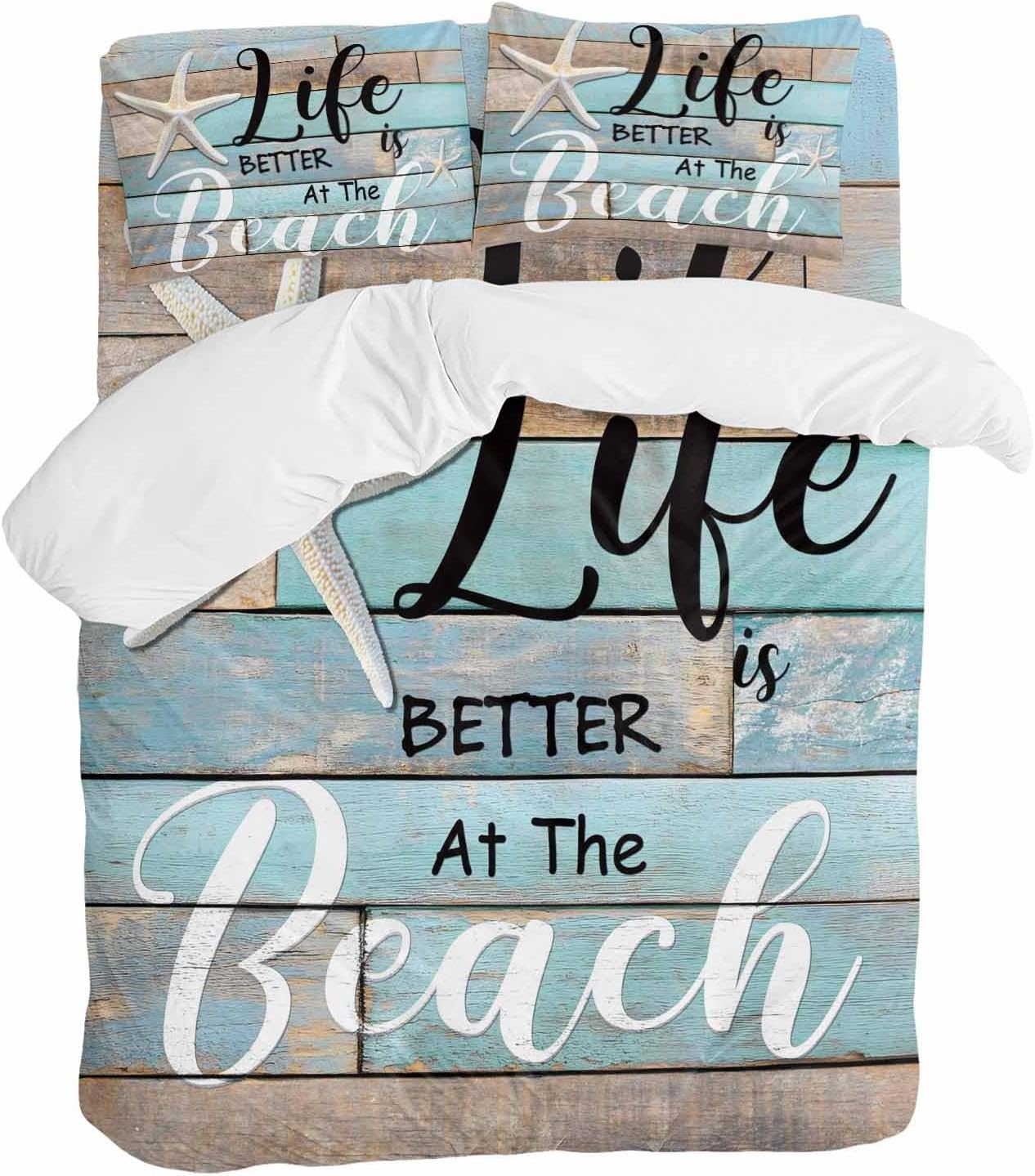 Life Is Duvet Cover Set Queen Size 4 Pieces Better at The Beach Summer Starfish Teal Wood Grain Bedding Set with Zipper Closure, 1 Comforter Cover 90x92 Inches 1 Flat Sheet & 2 Pillow Cases