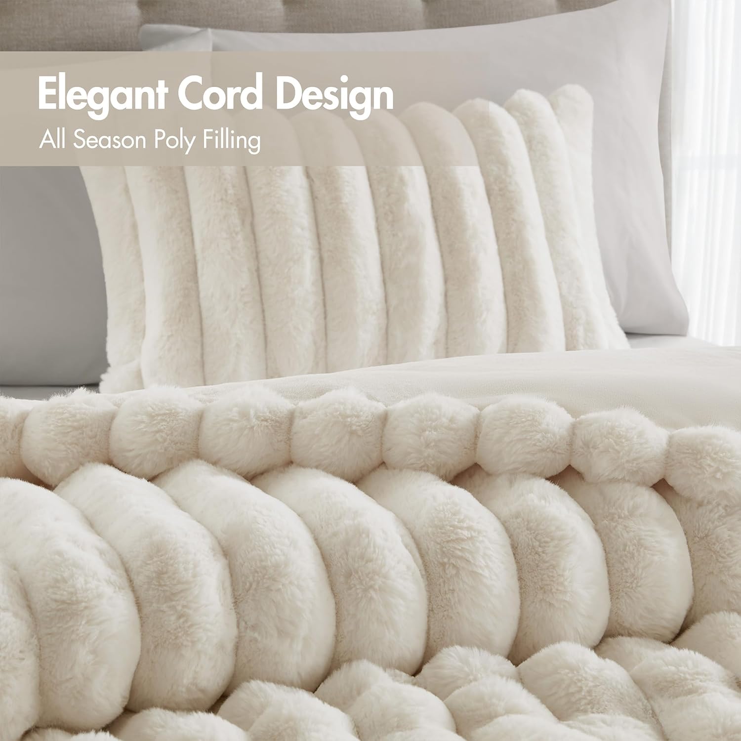 Madison Park Jasmine King Comforter Set, Luxurious Reversible Faux Fur Plush Ribbed Velvet Bedding, Fuzzy Thick Warm Winter Comforter, Super Soft Fluffy 3-Piece Set Ivory