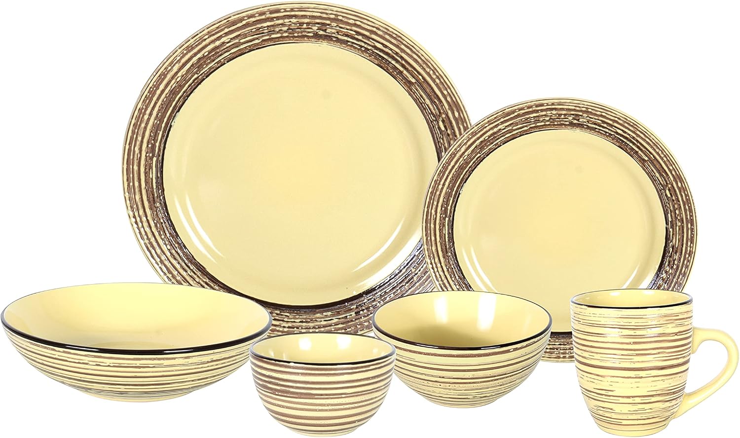 48 Piece Dinnerware Set, Ceramic Plates and Bowls Sets for 8, Microwave and Dishwasher Safe, Handcrafted Tree Bark Series Dish Set, Bamboo