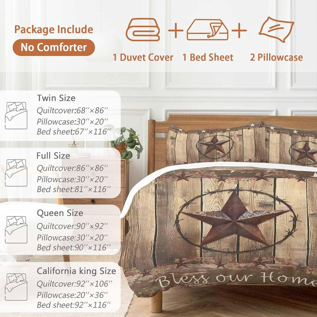 Vintage Duvet Cover Set Queen Size 4 Pieces Western Country Brown Texas Star Wood Grain Farmhouse Bedding Set with Zipper Closure, 1 Comforter Cover 86x86 Inches 1 Flat Sheet & 2 Pillow Cases