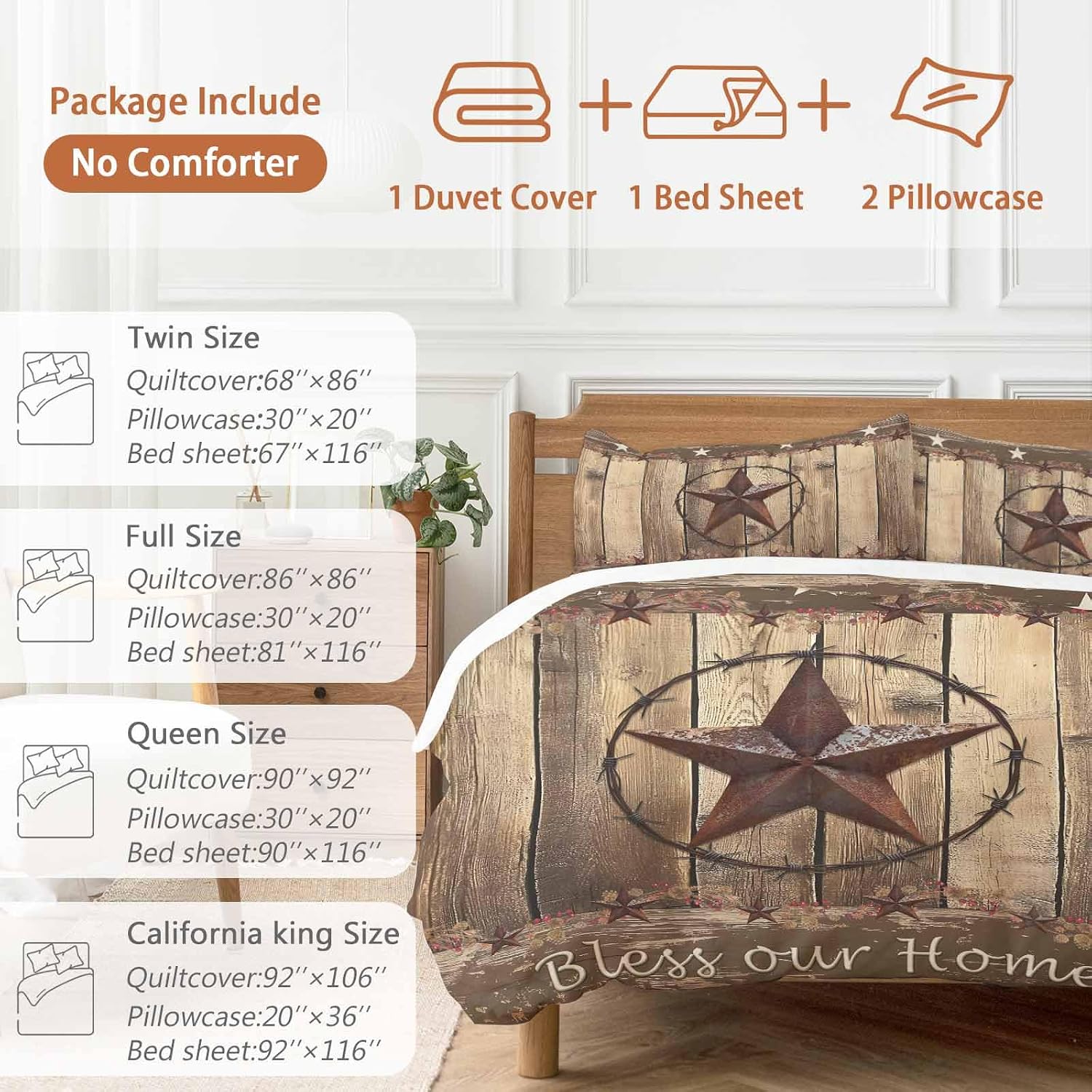 Vintage Duvet Cover Set Queen Size 4 Pieces Western Country Brown Texas Star Wood Grain Farmhouse Bedding Set with Zipper Closure, 1 Comforter Cover 86x86 Inches 1 Flat Sheet & 2 Pillow Cases