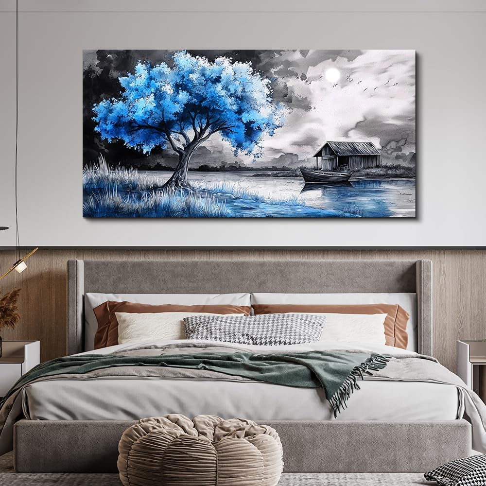 PHAOHUAXM Large Wall Art For Living Room Blue Wall Decor For Bedroom Black White And Blue Trees Wall Pictures Restaurant Office Frame Printing Canvas Large Artwork Modern Home Decoration 30x60 in