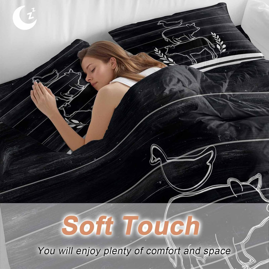 Farm Animals Duvet Cover Set Queen Size 4 Pieces Farmhouse Black Gray Cow Pig Duck Black Wood Grain Bedding Set with Zipper Closure, 1 Comforter Cover 86x86 Inches 1 Flat Sheet & 2 Pillow Cases