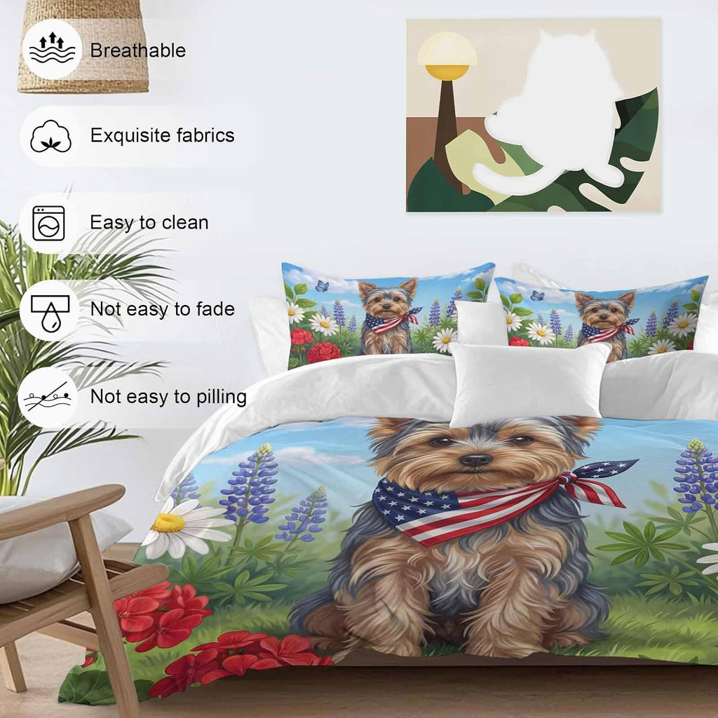 Independence Day Duvet Cover Set Queen Size 4 Pieces Watercolor U. S. Flag Cute Yorkshire Butterfly Bedding Set with Zipper Closure, 1 Comforter Cover 90x92 Inches 1 Flat Sheet & 2 Pillow Cases