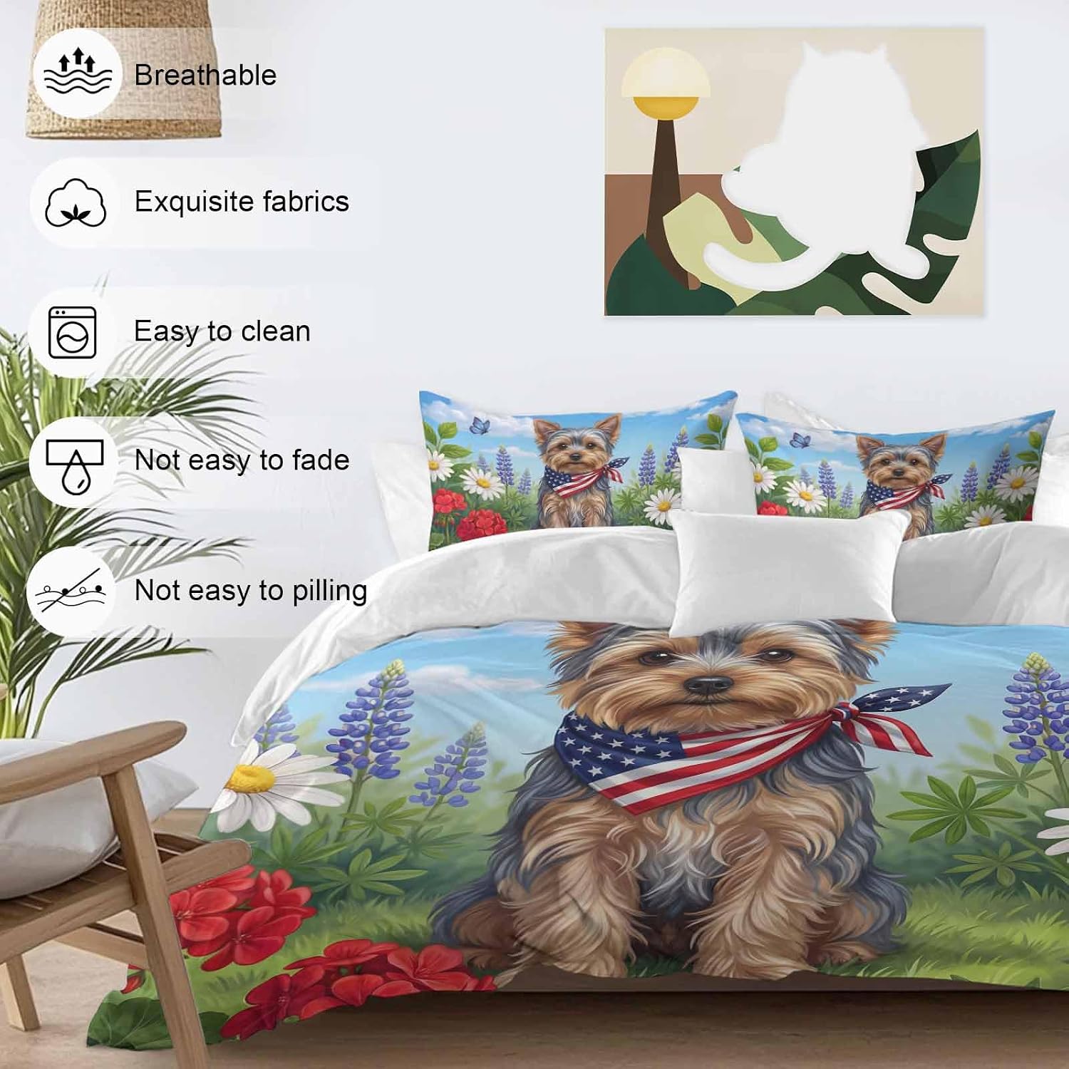 Independence Day Duvet Cover Set Queen Size 4 Pieces Watercolor U. S. Flag Cute Yorkshire Butterfly Bedding Set with Zipper Closure, 1 Comforter Cover 90x92 Inches 1 Flat Sheet & 2 Pillow Cases