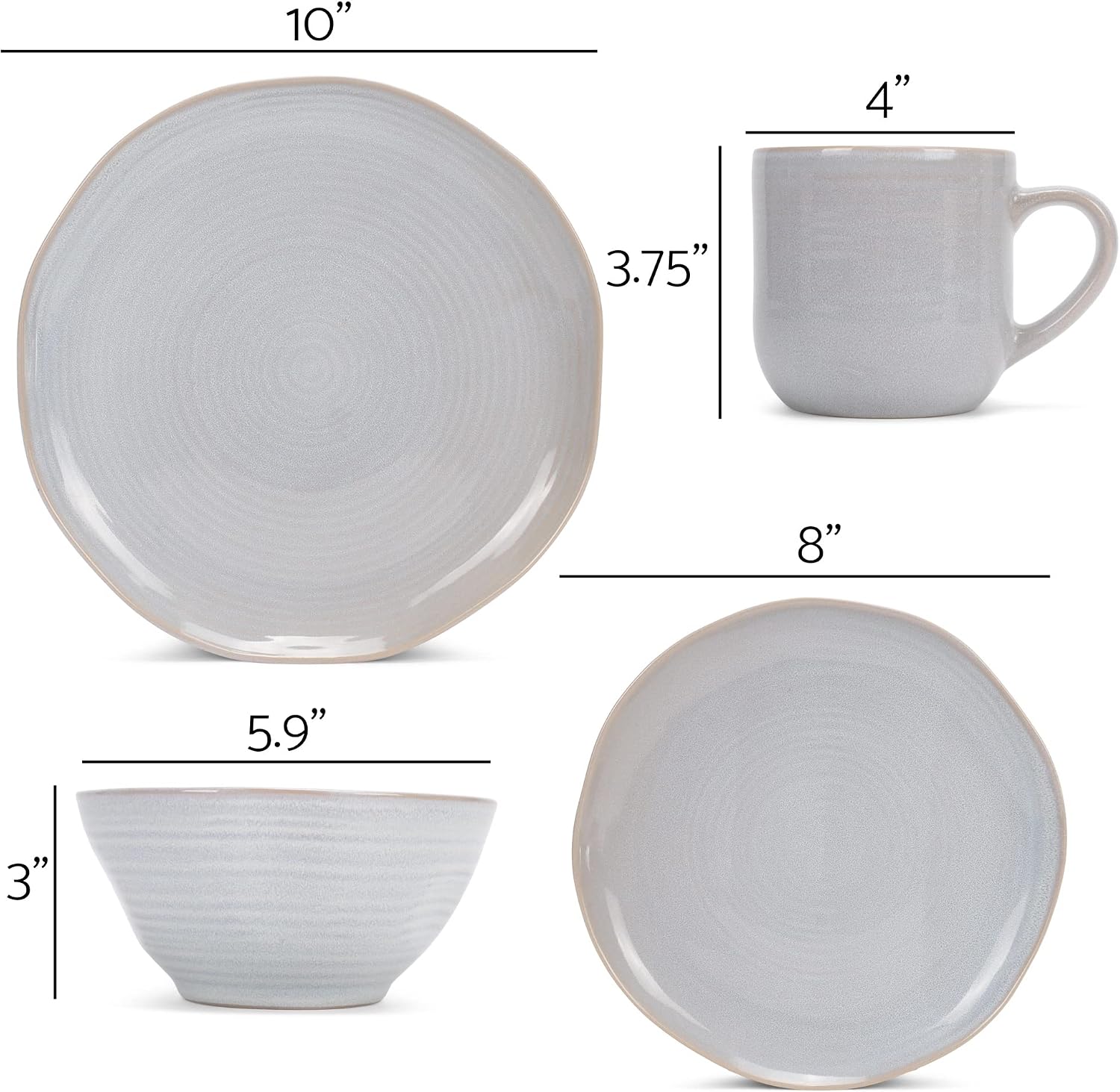 Elanze Designs Reactive Glaze Farmhouse Rustic Boho Ceramic Stoneware Dinnerware 16 Piece Plate Bowl Mug Dish Set - Service for 4, Pale Grey