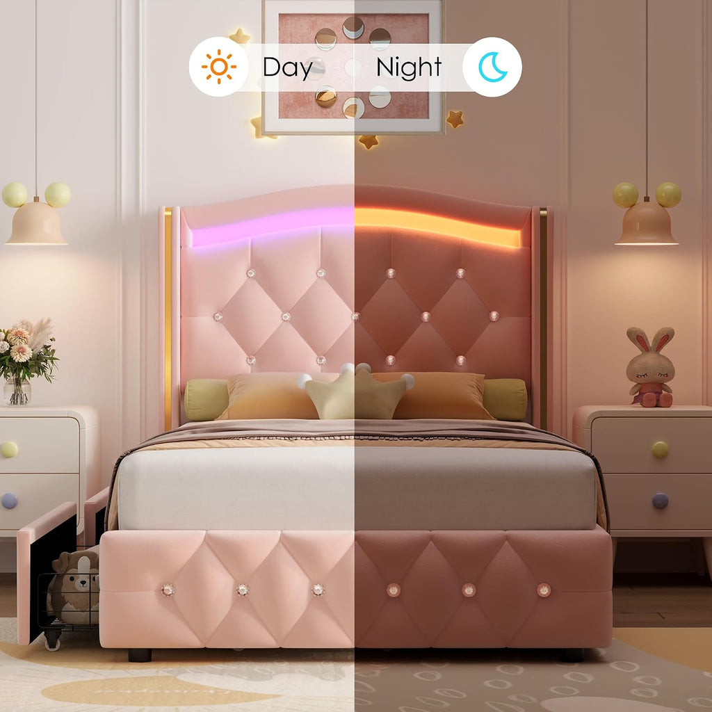 HIFIT Upholstered Twin LED Bed Frame with Crystal Button-Tufted Headboard and 4 Storage Drawers, Velvet Princess Twin Size Platform Bed Frames for Kids/Girls, No Box Spring Needed, Easy Assembly, Pink