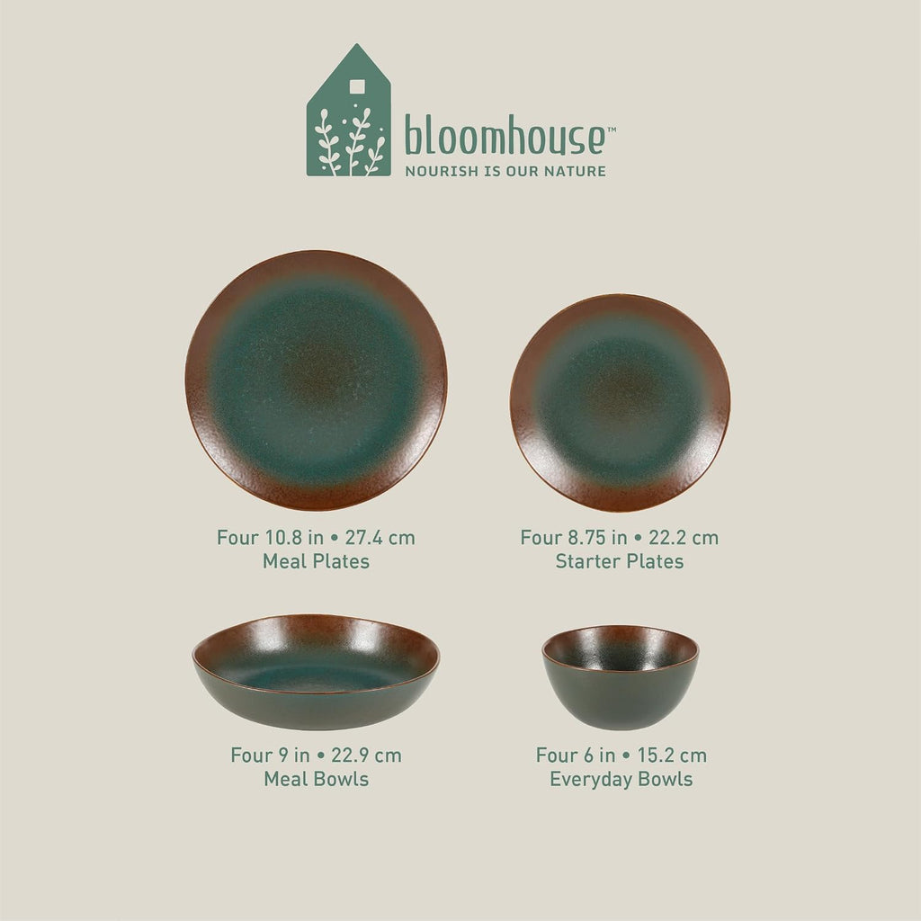 Bloomhouse - Two Time Oprah's Favorite Things Winner - Palermo Sun Double Bowl Stoneware Reactive Glaze Plates and Bowls Dinnerware Set - Agave Blue, Service for Four (16pcs)