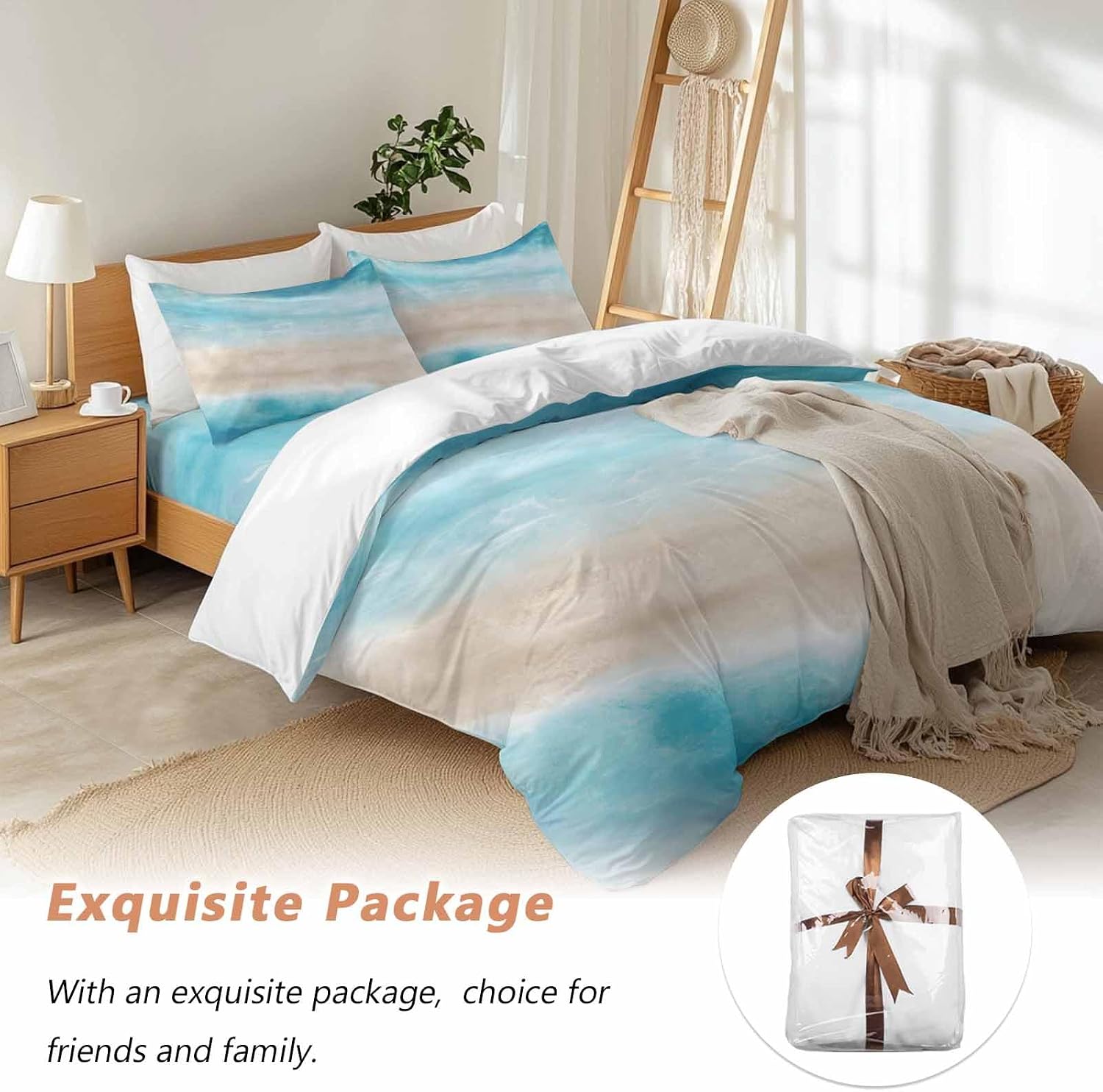 Summer Beach Duvet Cover Set Queen Size 4 Pieces Blue Gradient Ocean Wave Beige Sand Abstract Bedding Set with Zipper Closure, 1 Comforter Cover 90x92 Inches 1 Flat Sheet & 2 Pillow Cases