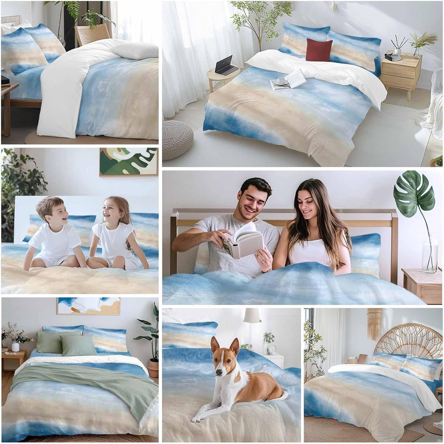 Summer Beach Duvet Cover Set Queen Size 4 Pieces Dark Blue Gradient Ocean Wave Beige Sand Abstract Bedding Set with Zipper Closure, 1 Comforter Cover 90x92 Inches 1 Flat Sheet & 2 Pillow Cases