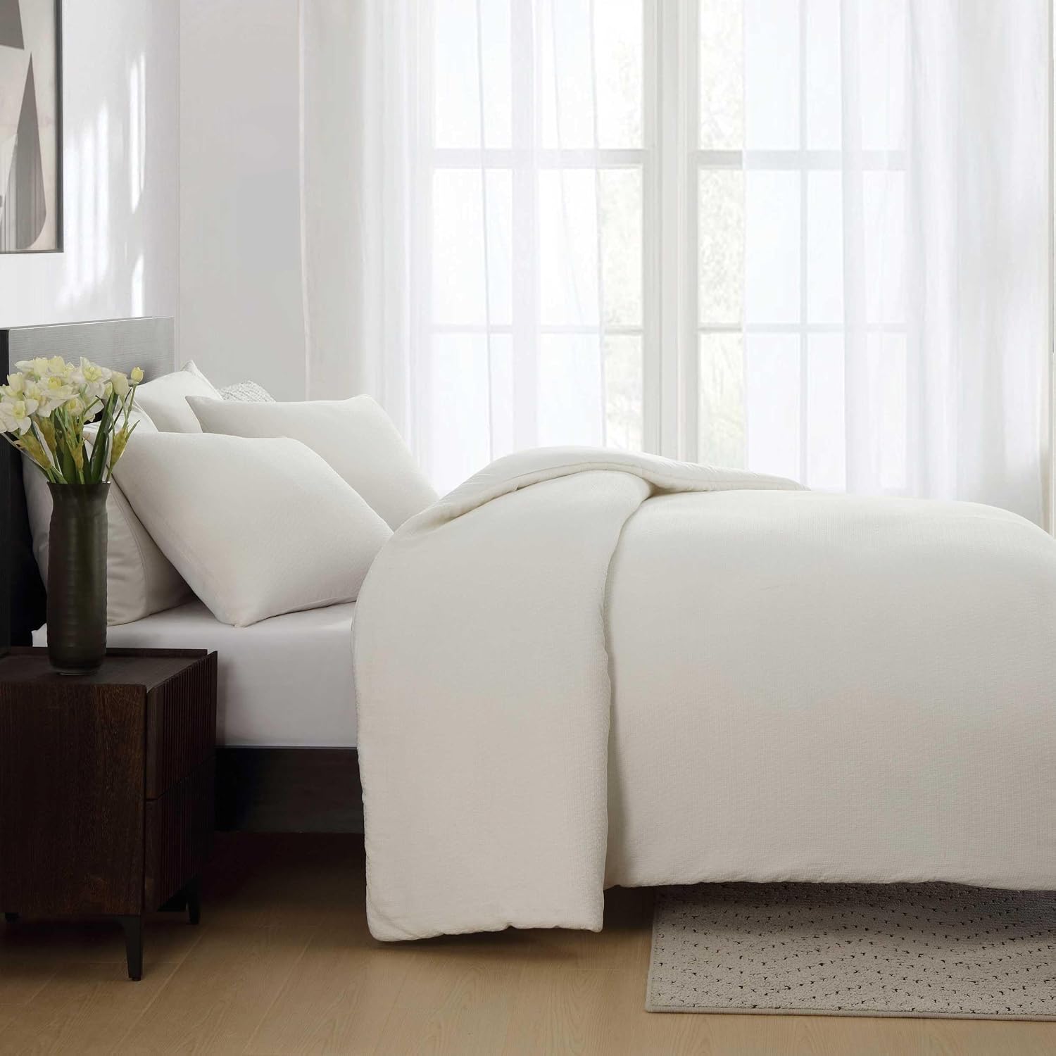 Vera Wang - King Comforter Set, Naturally Soft Cotton Bedding w/Matching Pillowcases, Crisp & Smooth w/a Lightweight Feel, 3 Piece Bed Set (Threaded Basketweave White)