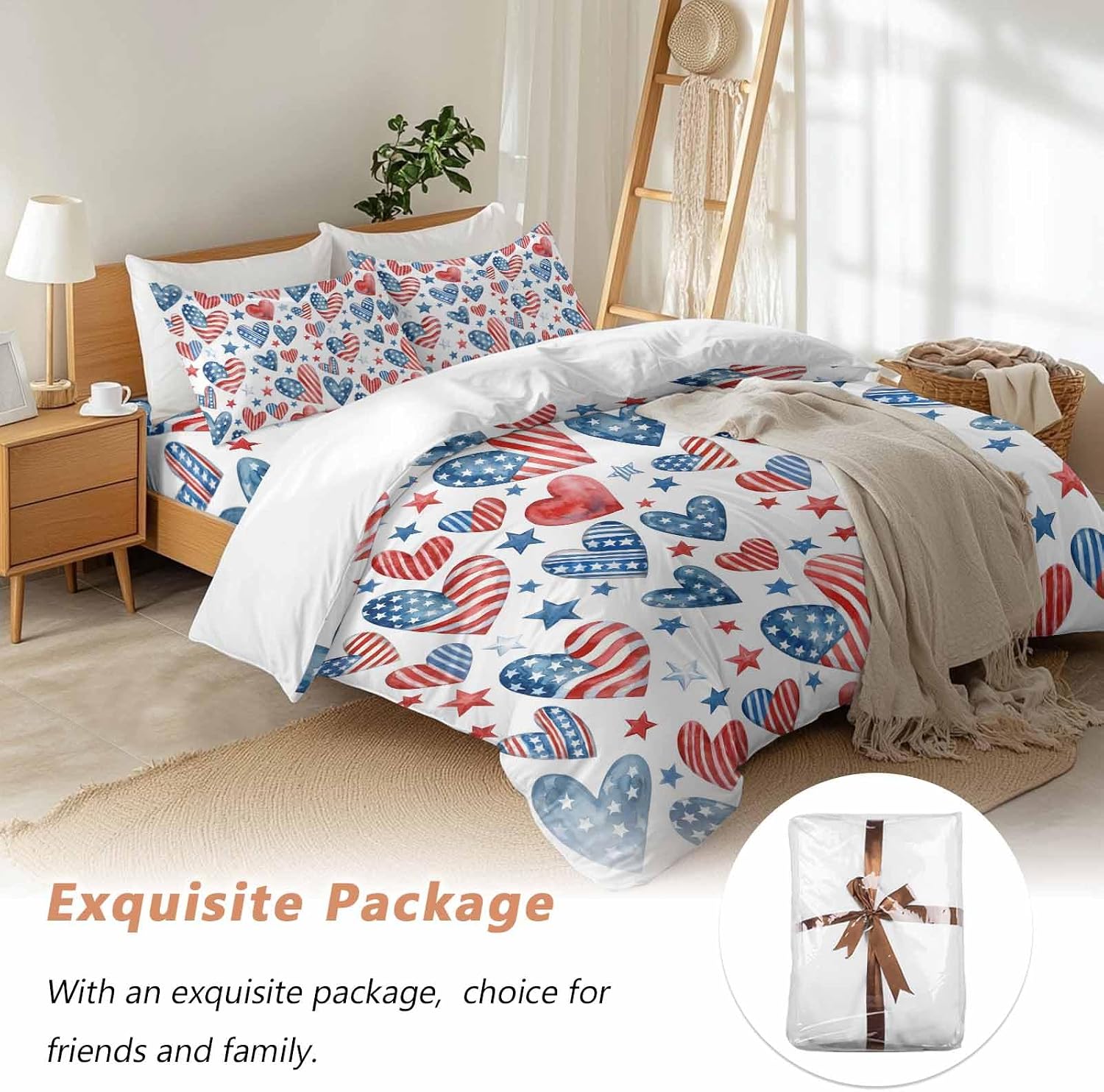 Independence Day Duvet Cover Set Queen Size 4 Pieces U. S. Flag Themed Love Heart Five-Pointed Stars Bedding Set with Zipper Closure, 1 Comforter Cover 90x92 Inches 1 Flat Sheet & 2 Pillow Cases