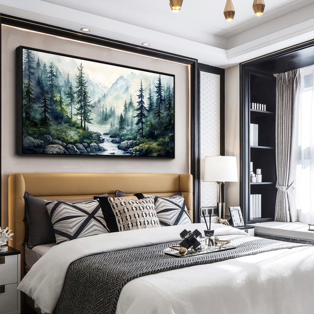 ZUITINGHUA Black Framed Canvas Wall Art For Living Room Large Wall Decor For Office Bedroom Decoration Misty Forest Picture Tree landscape Paintings Artwork Wall Mural Aesthetic Home Decor 30x60 In