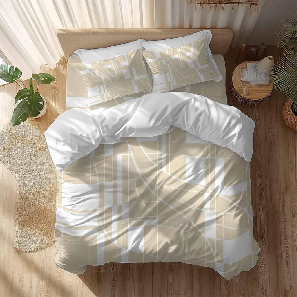 Prime Leader Lines Duvet Cover Set Queen Size 4 Pieces Abstarct Geometric White Lines Plaid Light Brown Bedding Set with Zipper Closure, 1 Comforter Cover 90x92 Inches 1 Flat Sheet & 2 Pillow Cases