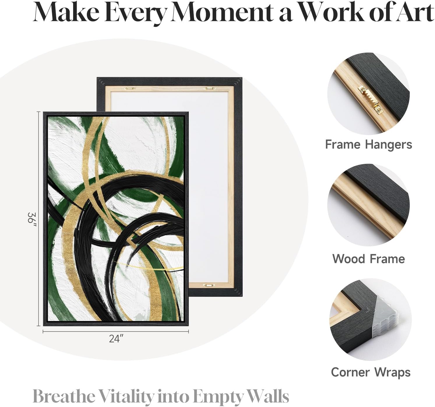 Framed Green Abstract Wall Art Set of 2 for Living Room, Large Green Gold and Black Canvas Artwork for Walls, Modern Luxury Painting Print for Bedroom Dining Room Office Hallway Wall Decor, 24x36 Inch