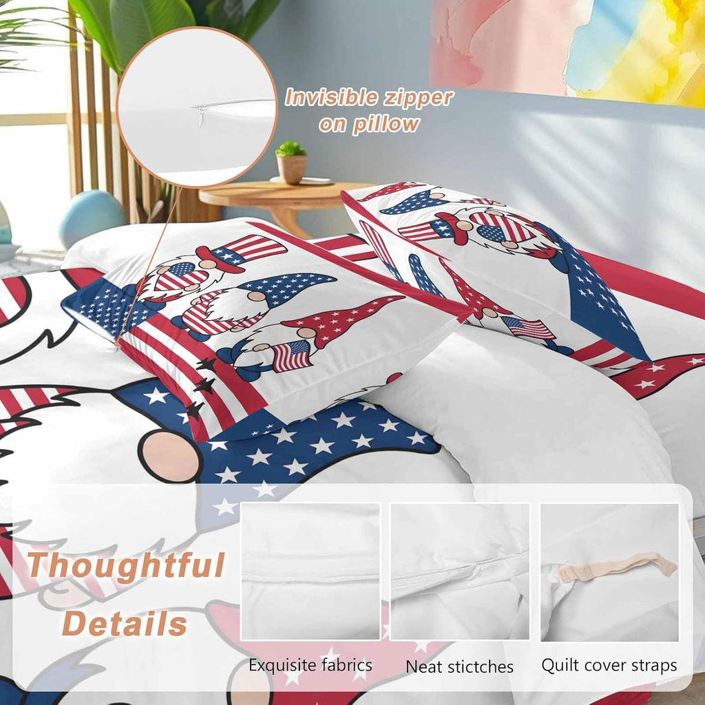 Independence Day Duvet Cover Set Queen Size 4 Pieces Cute Gnome with American Flag Hat Red White Stripes Bedding Set with Zipper Closure, 1 Comforter Cover 86x86 Inches 1 Flat Sheet & 2 Pillow Cases