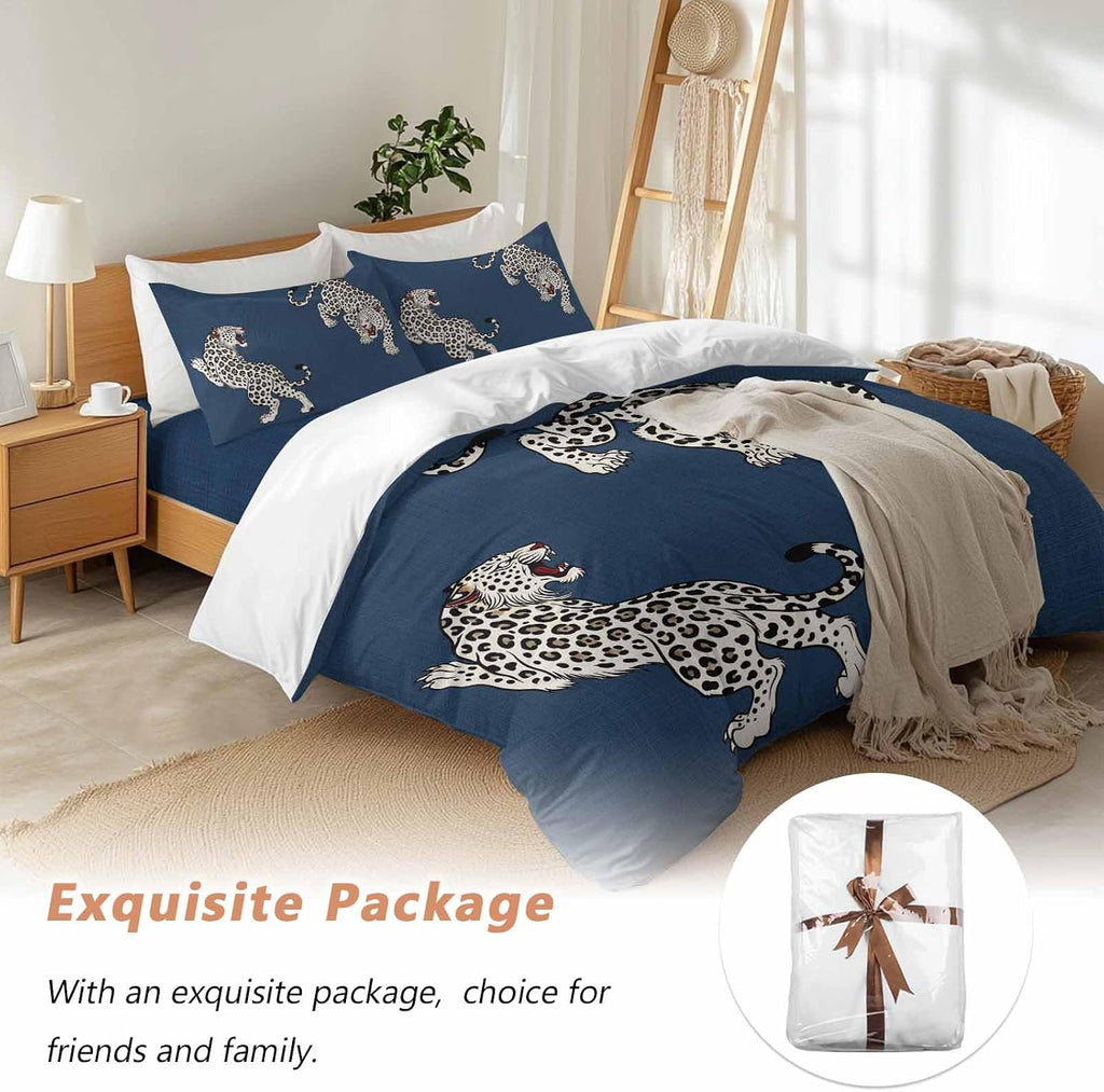 Navy Blue Leopard Duvet Cover Set Queen Size 4 Pieces Modern Style Wild Animal Rustic Linen Texture Bedding Set with Zipper Closure, 1 Comforter Cover 86x86 Inches 1 Flat Sheet & 2 Pillow Cases
