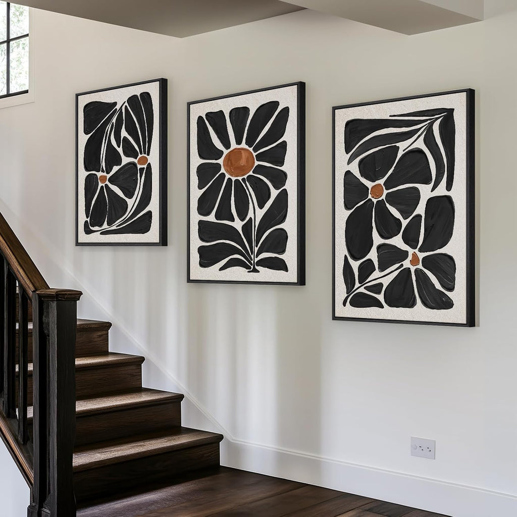 Large Framed Boho Floral Wall Art for Living Room, 3 Piece Mid-Century Modern Abstract Botanical Canvas Painting Prints Artwork for Walls, Black and White Flowers for Bedroom Hallway Office, 24x36