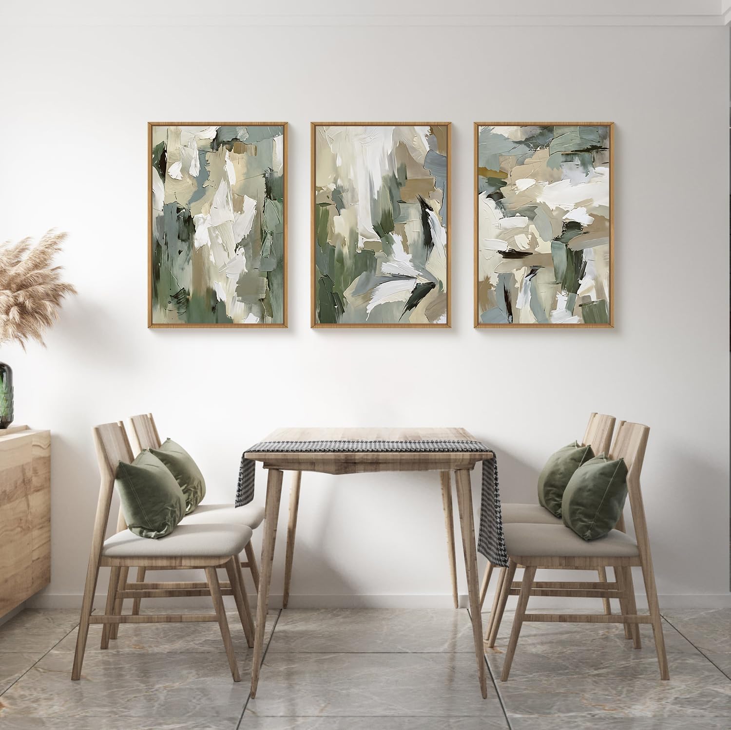 Large Abstract Green Beige Framed Canvas Wall Art Set,Neutral Brush Stroke Watercolor Wall Painting,Modern Minimalist Artwork for Living Room,Bedroom,Dining Room,Office -24'x36'x3