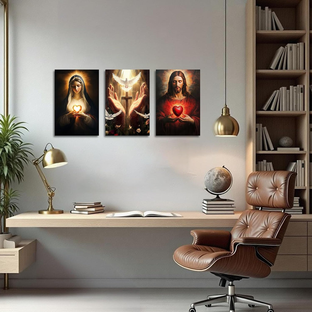 YMXDYMJSW Sacred Heart Wall Art 3 Pieces Jesus Mary Portrait Pictures Christian Catholic Canvas Prints Cross Dove of Peace Paintings for Church Decor Frame (Red,24.00' x 36.00' x 3PCS)