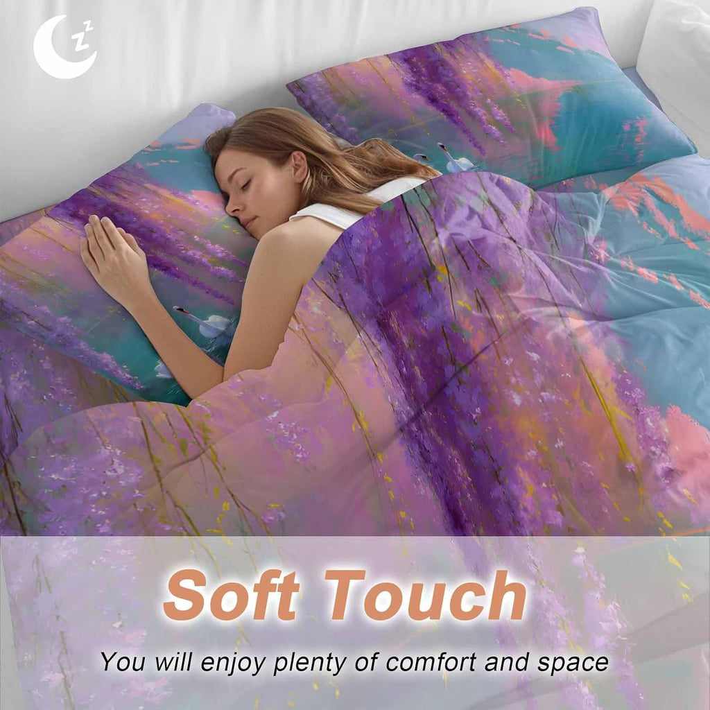 Swan Duvet Cover Set Queen Size 4 Pieces Oil Painting Spring Wisteria Gradient Pink Green Lake Bedding Set with Zipper Closure, 1 Comforter Cover 90x92 Inches 1 Flat Sheet & 2 Pillow Cases