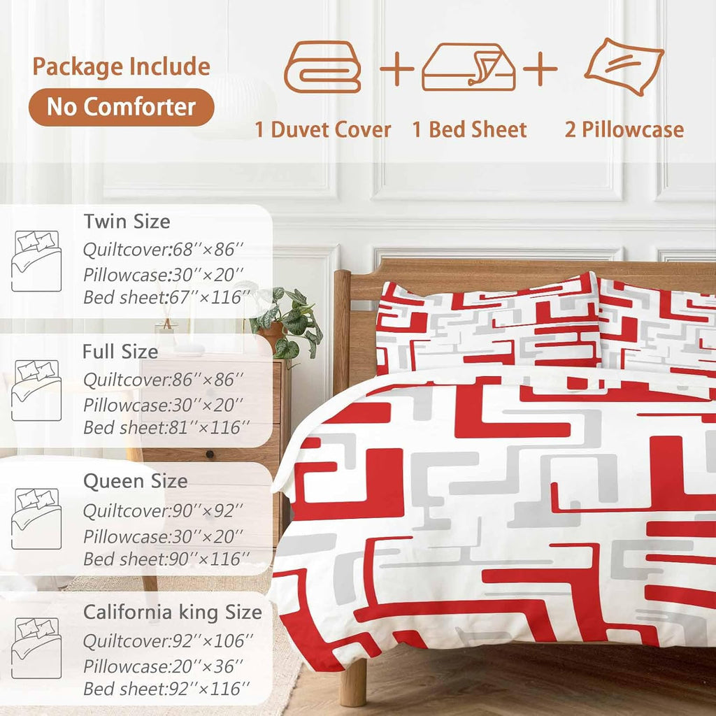 Prime Leader Red Gray Geometric Stripes Duvet Cover Set Queen Size 4 Pieces Modern Abstract Lines Maze Bedding Set with Zipper Closure, 1 Comforter Cover 90x92 Inches 1 Flat Sheet & 2 Pillow Cases